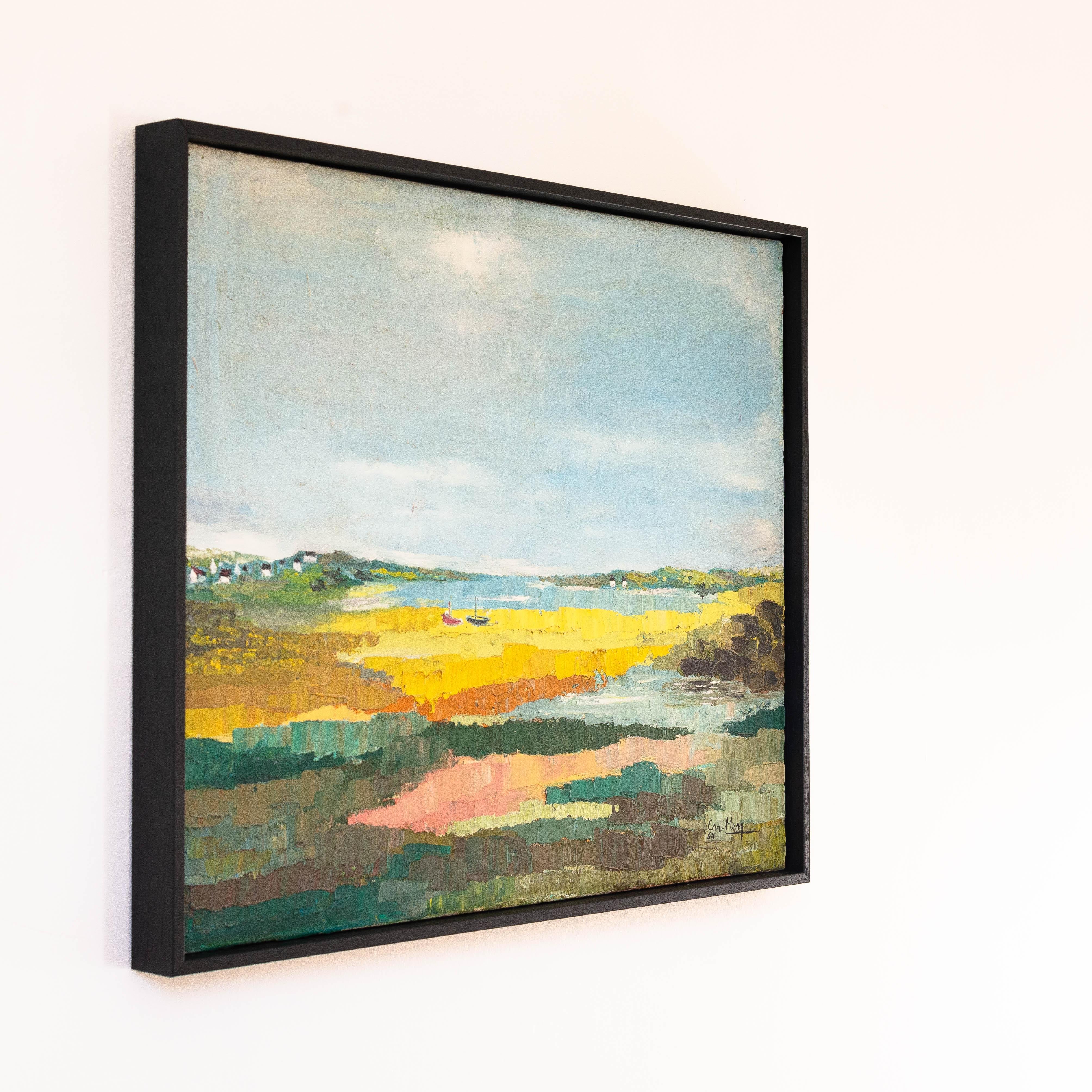 Pintura al óleo moderna, Paisaje junto al mar, Bretaña - Francia Años 60 siglo XX en venta