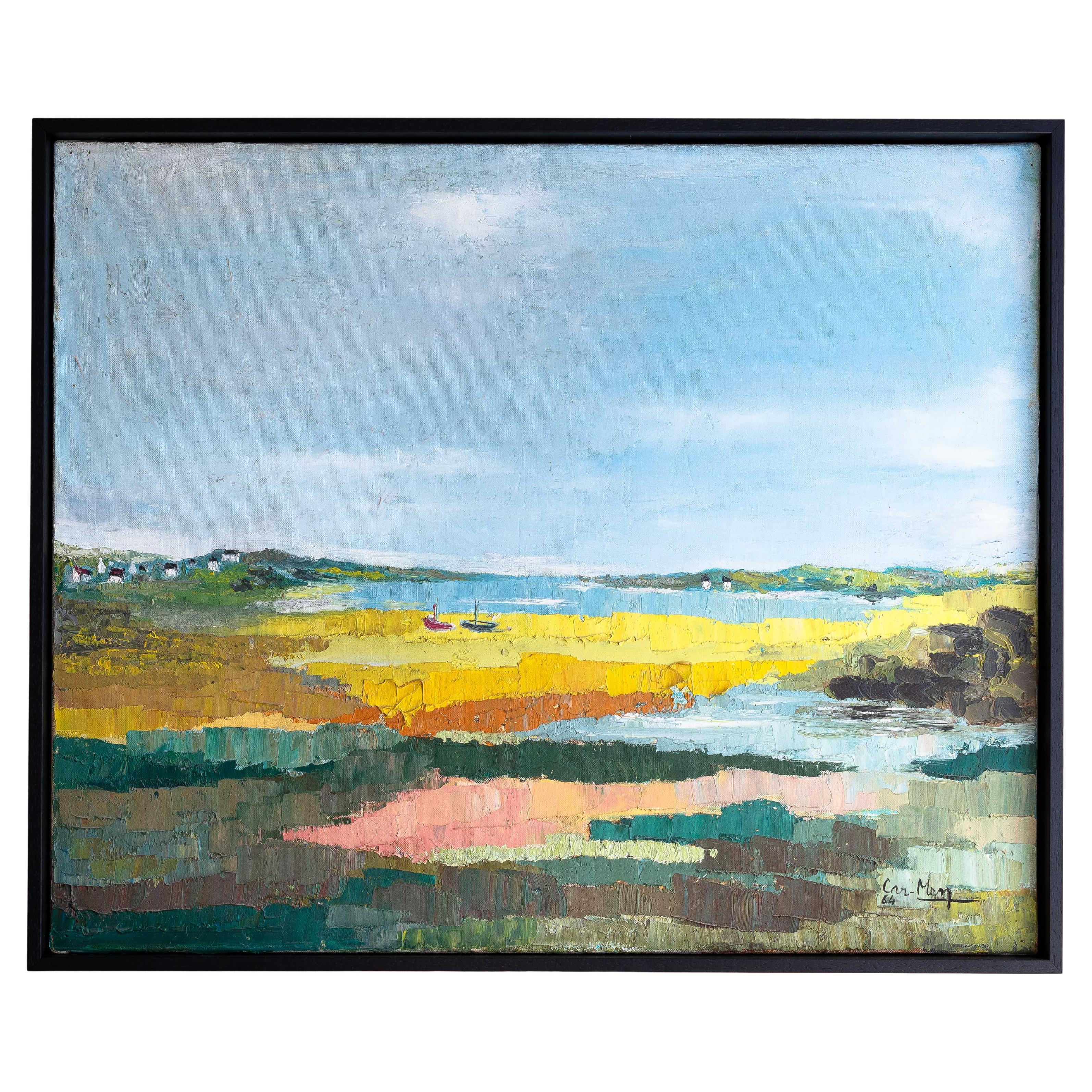 Pintura al óleo moderna, Paisaje junto al mar, Bretaña - Francia Años 60