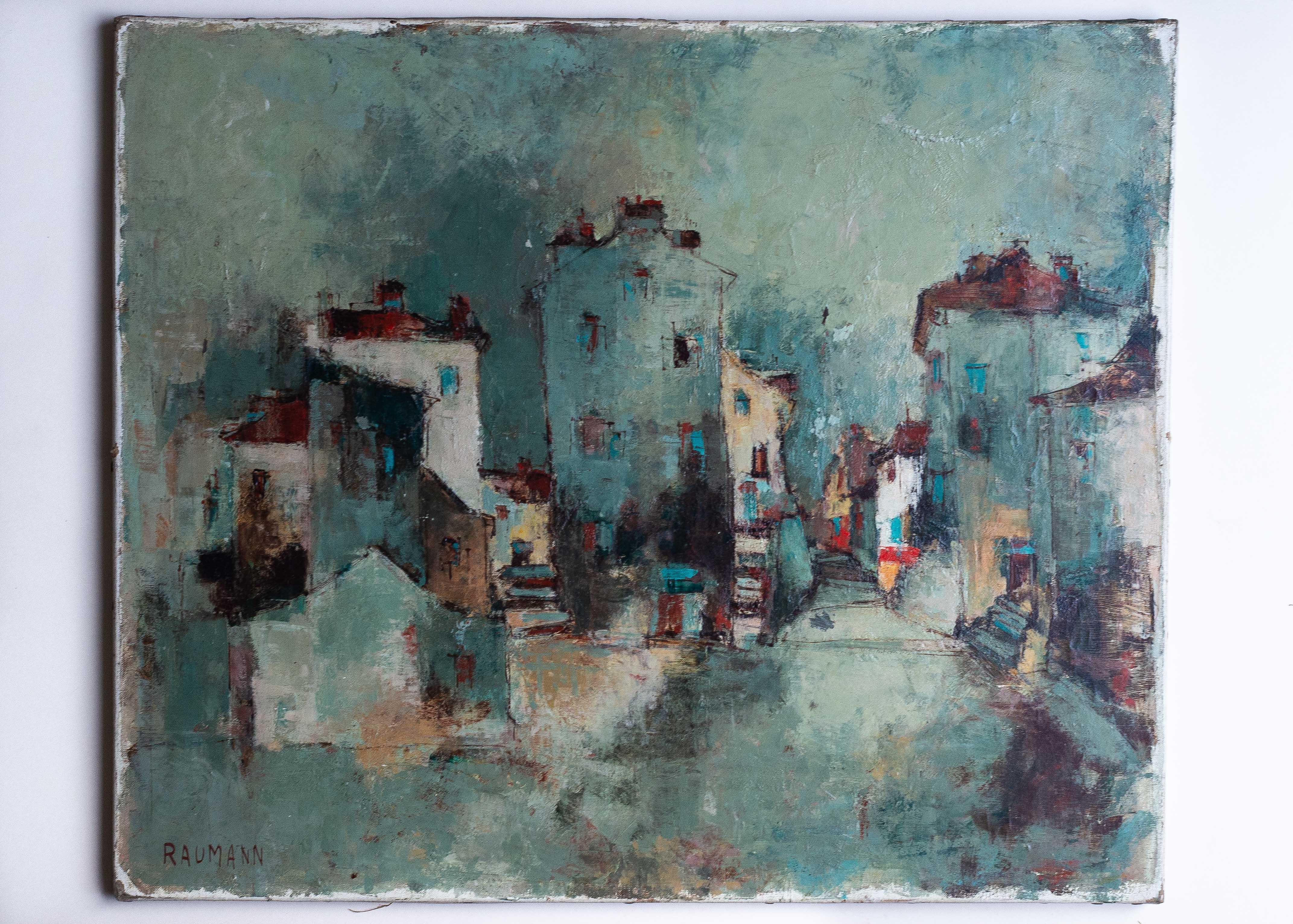 Dipinto Pittura a olio moderna, Paesaggio urbano di Joseph RAUMANN, Francia, anni '60 in vendita