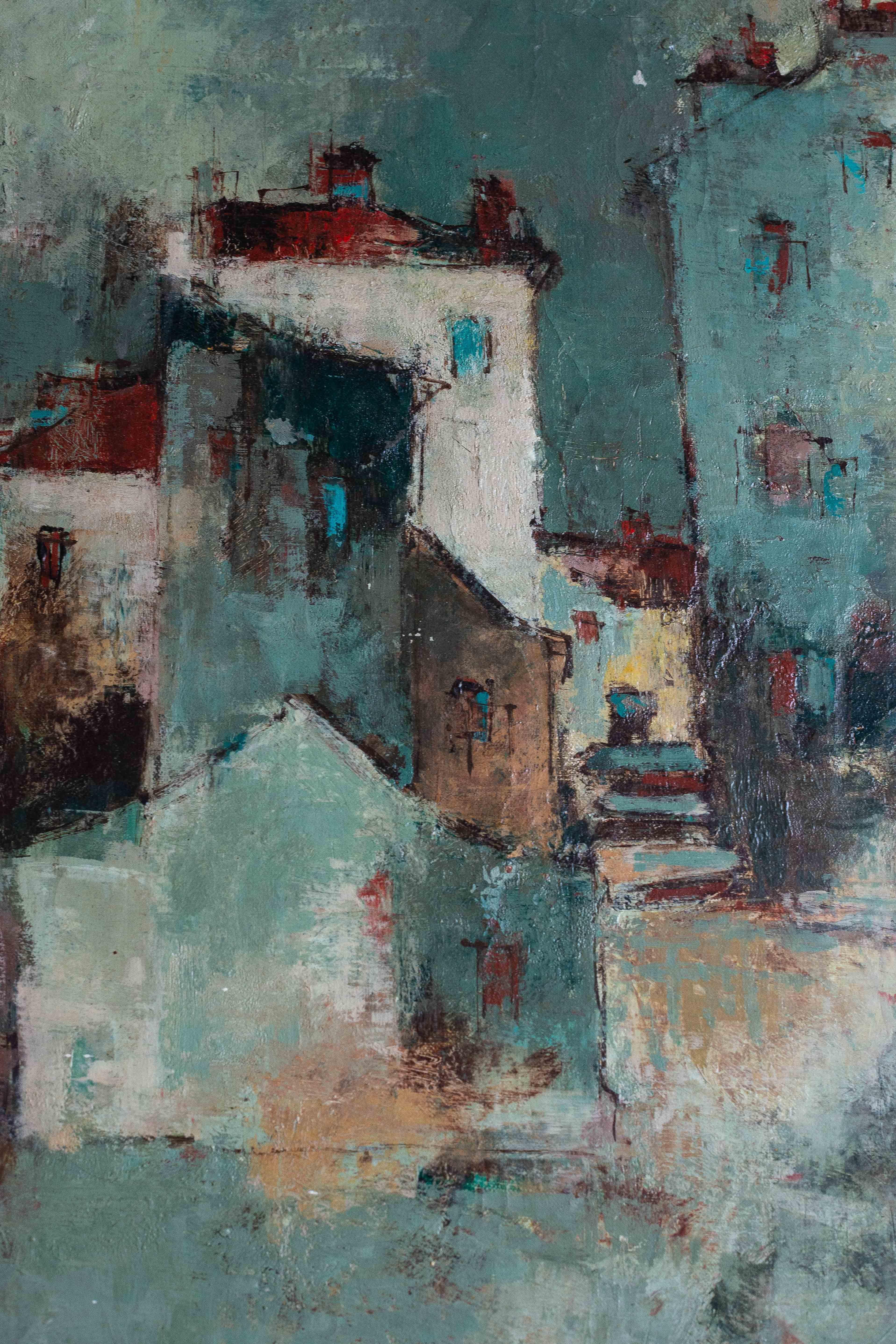 Pittura a olio moderna, Paesaggio urbano di Joseph RAUMANN, Francia, anni '60 In condizioni buone in vendita a ROUEN, FR