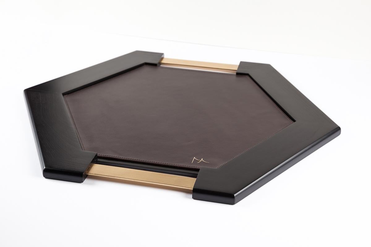 Hand-Carved Modern Okuta Hex Serving Tray in Beech, Leather & Brass by Miminat Designs For Sale