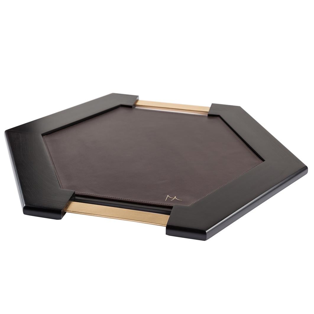 Modern Okuta Hex Serving Tray in Beech, Leather & Brass by Miminat Designs For Sale