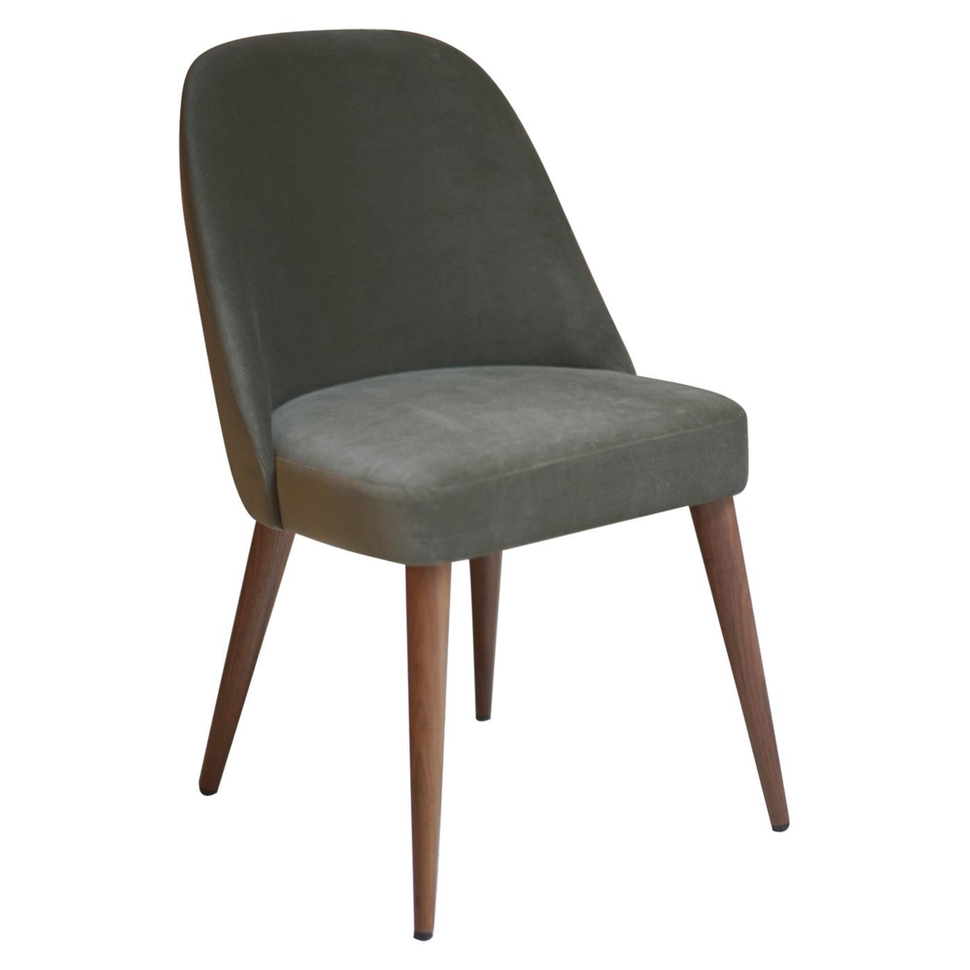 Modern Olive Green Velvet Fabric Dining Chair with Walnut Base For Sale