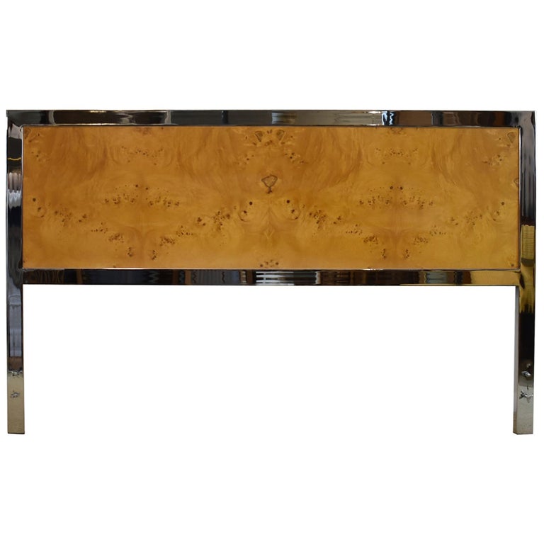 Modern Olive Wood and Chrome Queen Headboard Style of Milo Baughman at