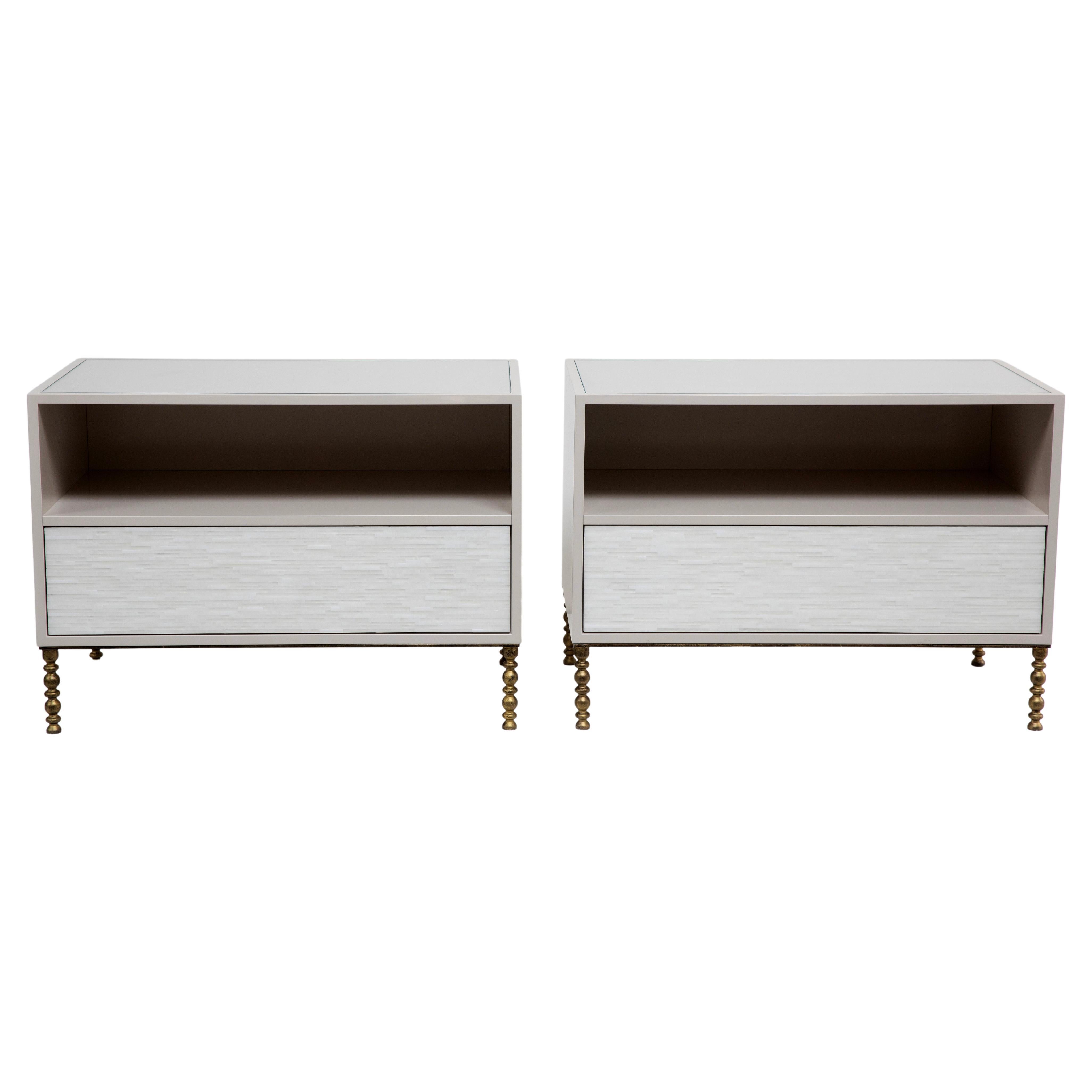 The Modern One-Drawer Mosaic Nightstands with Vintage Base feature a single touch-latch drawer with hand-cut Icy White glass stripe mosaic, an open top shelf, an inset glass top, Misty Grey Lacquer finish, and a gilded vintage style metal base.