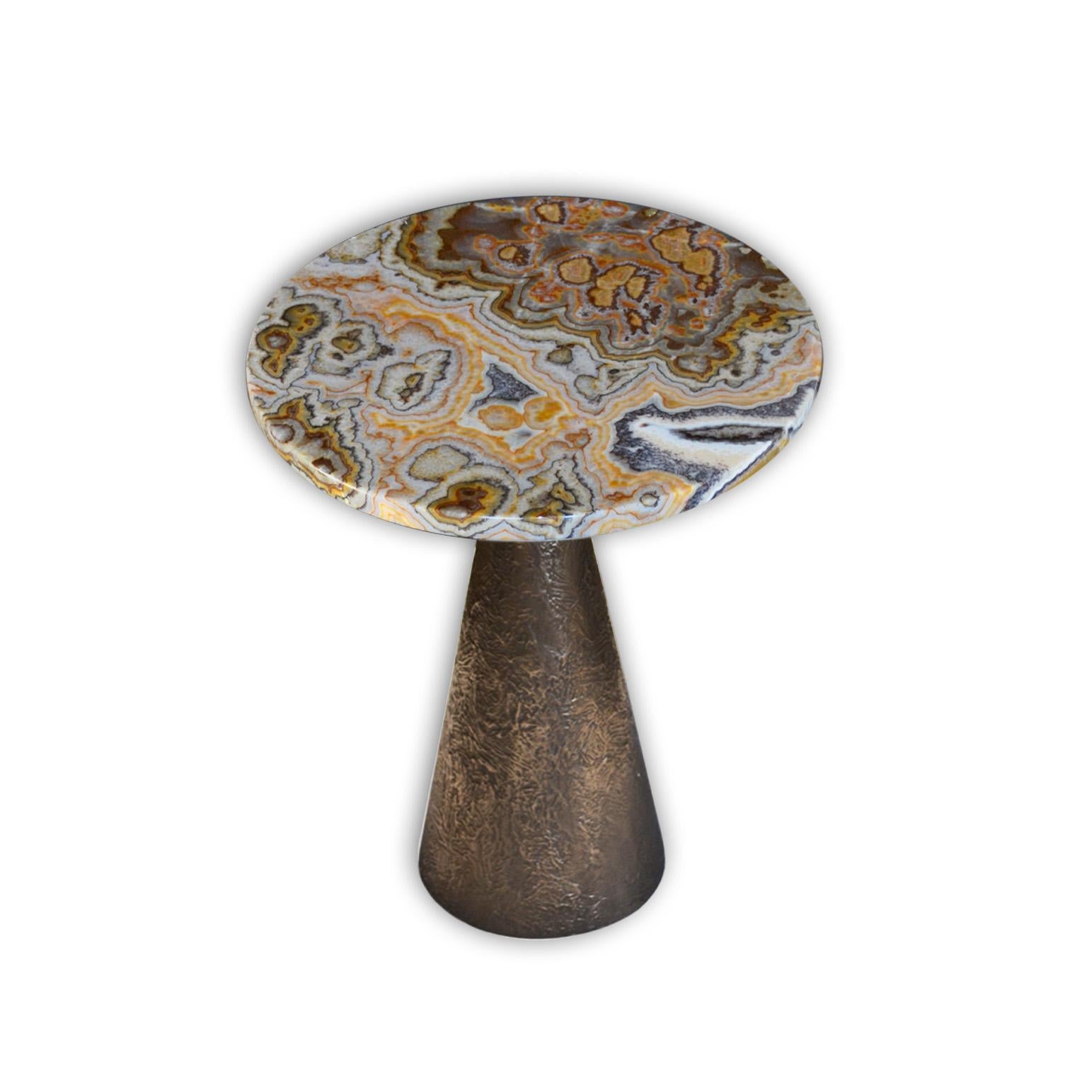 Italian Modern Onyx Coffee Side Table Handmade Bronze Liquid Metal Surface Design Base