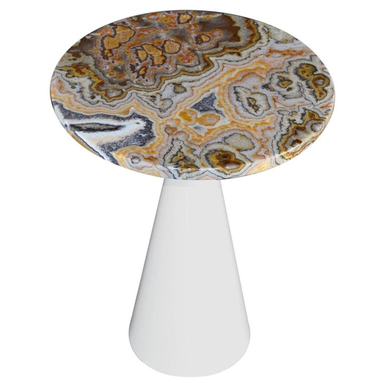 Round Modern Onyx Coffee Side Table White Lacquered Wood Conical Base Onyx Top at 1stDibs