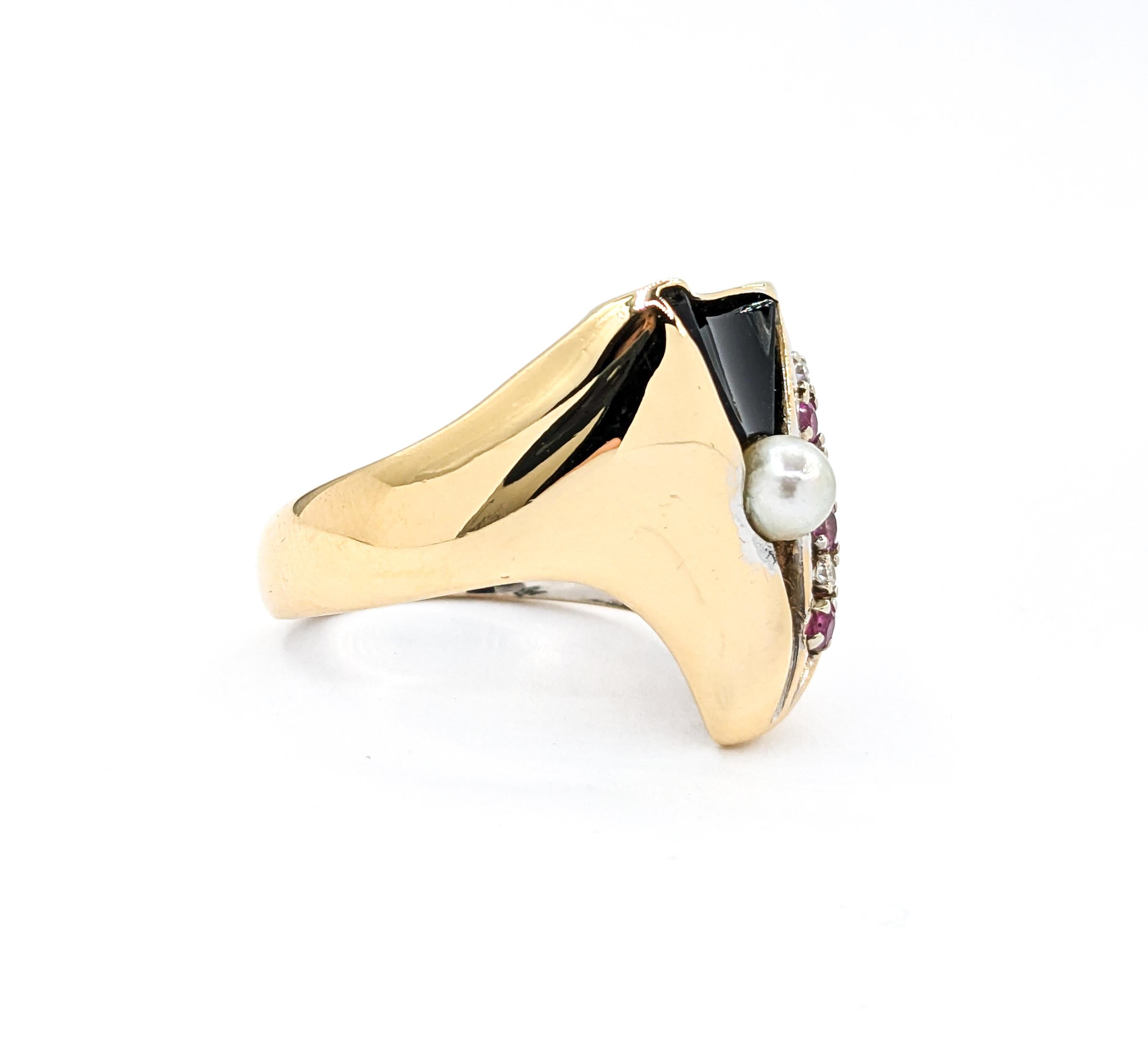 Round Cut Modern Onyx, Diamond, Pearl & Pink Sapphire Ring in Yellow Gold For Sale