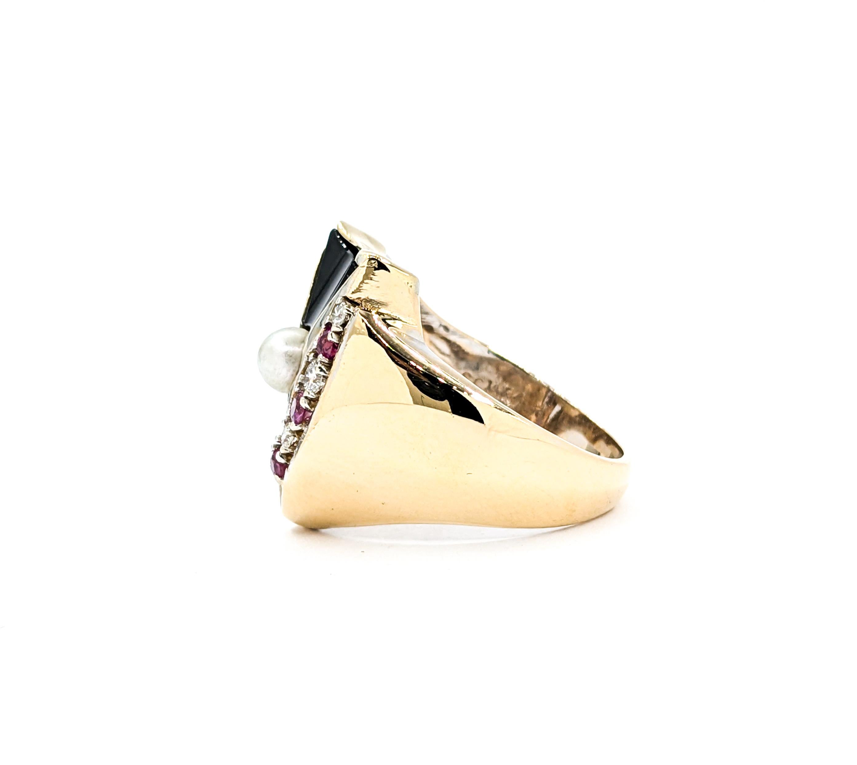 Women's Modern Onyx, Diamond, Pearl & Pink Sapphire Ring in Yellow Gold For Sale