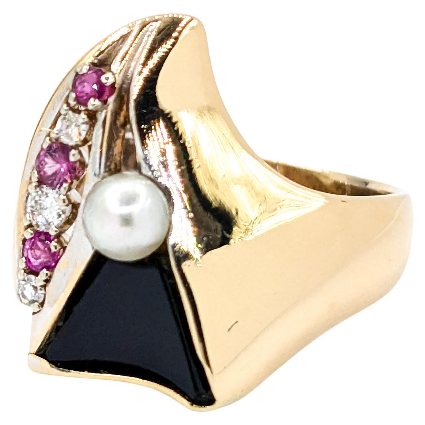 Modern Onyx, Diamond, Pearl & Pink Sapphire Ring in Yellow Gold