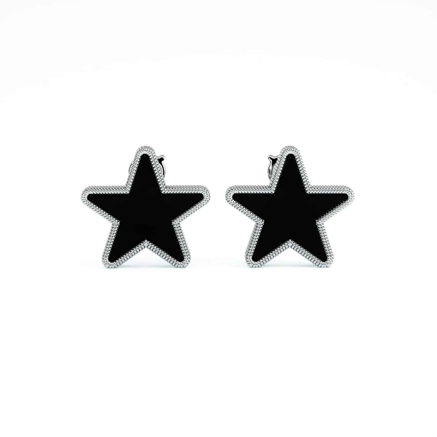 Mixed Cut Modern Onyx Star Earrings Set in 18K Gold For Sale