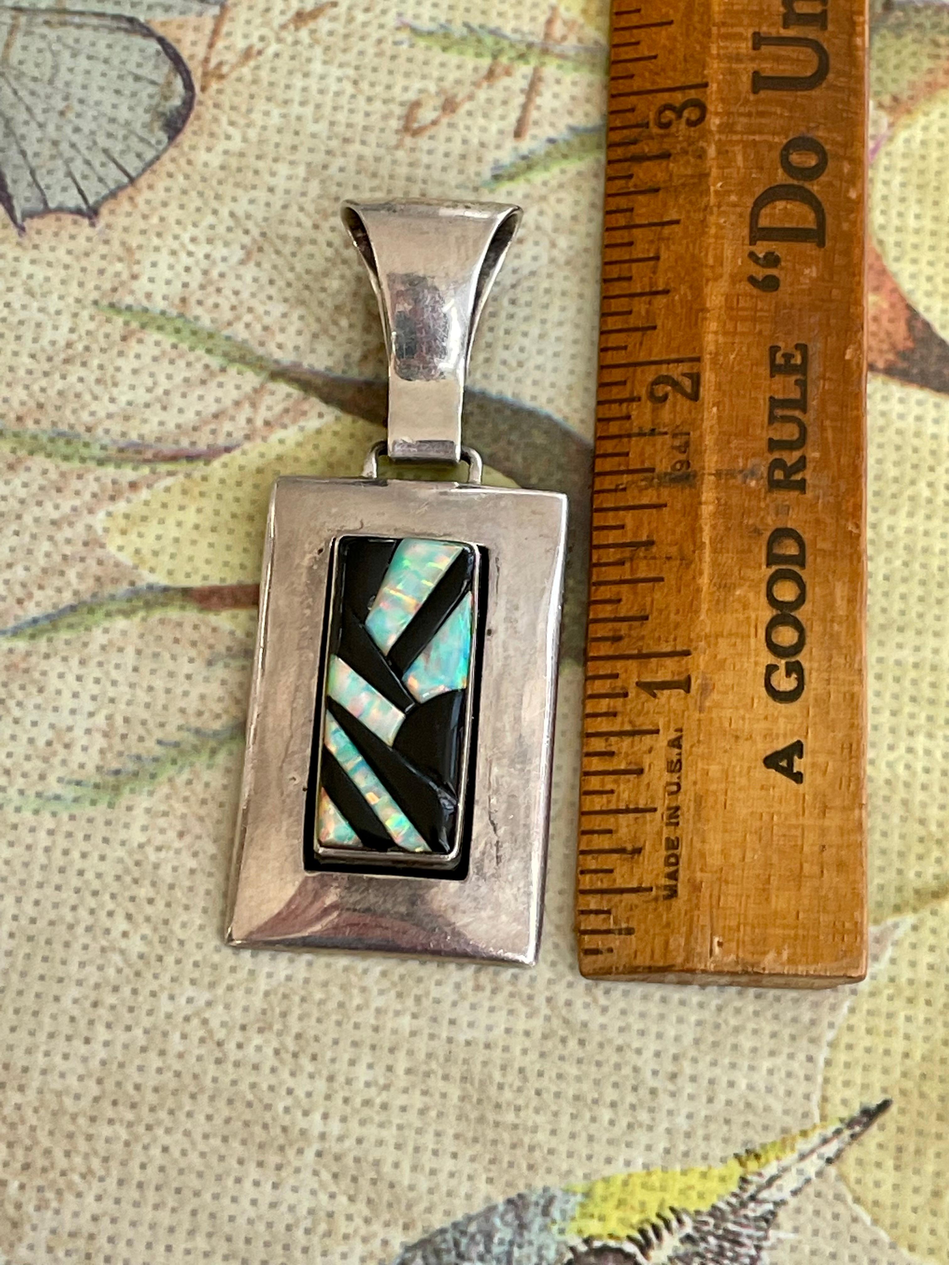 Modern Opal and Black Onyx Inlay Sterling Silver Pendant For Sale 4