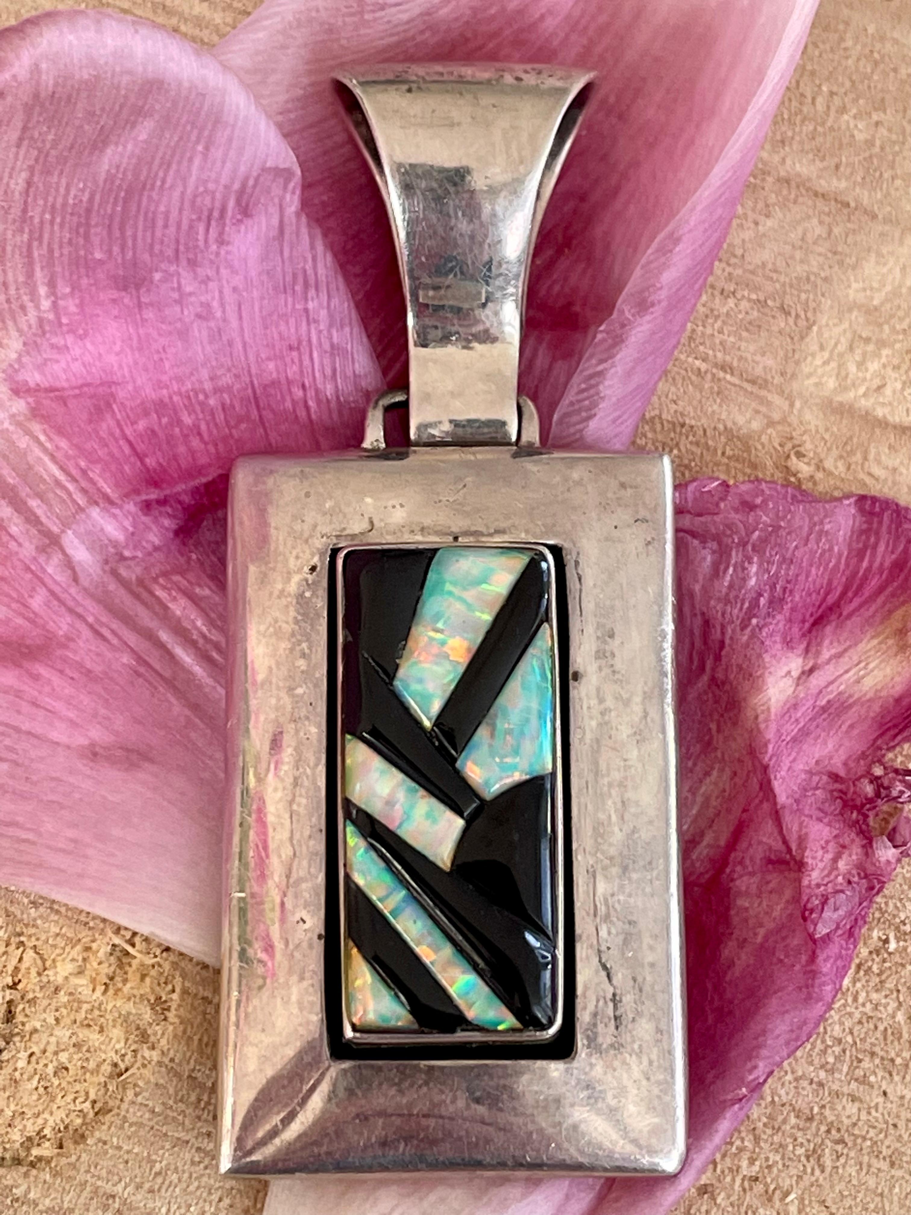 Mixed Cut Modern Opal and Black Onyx Inlay Sterling Silver Pendant For Sale