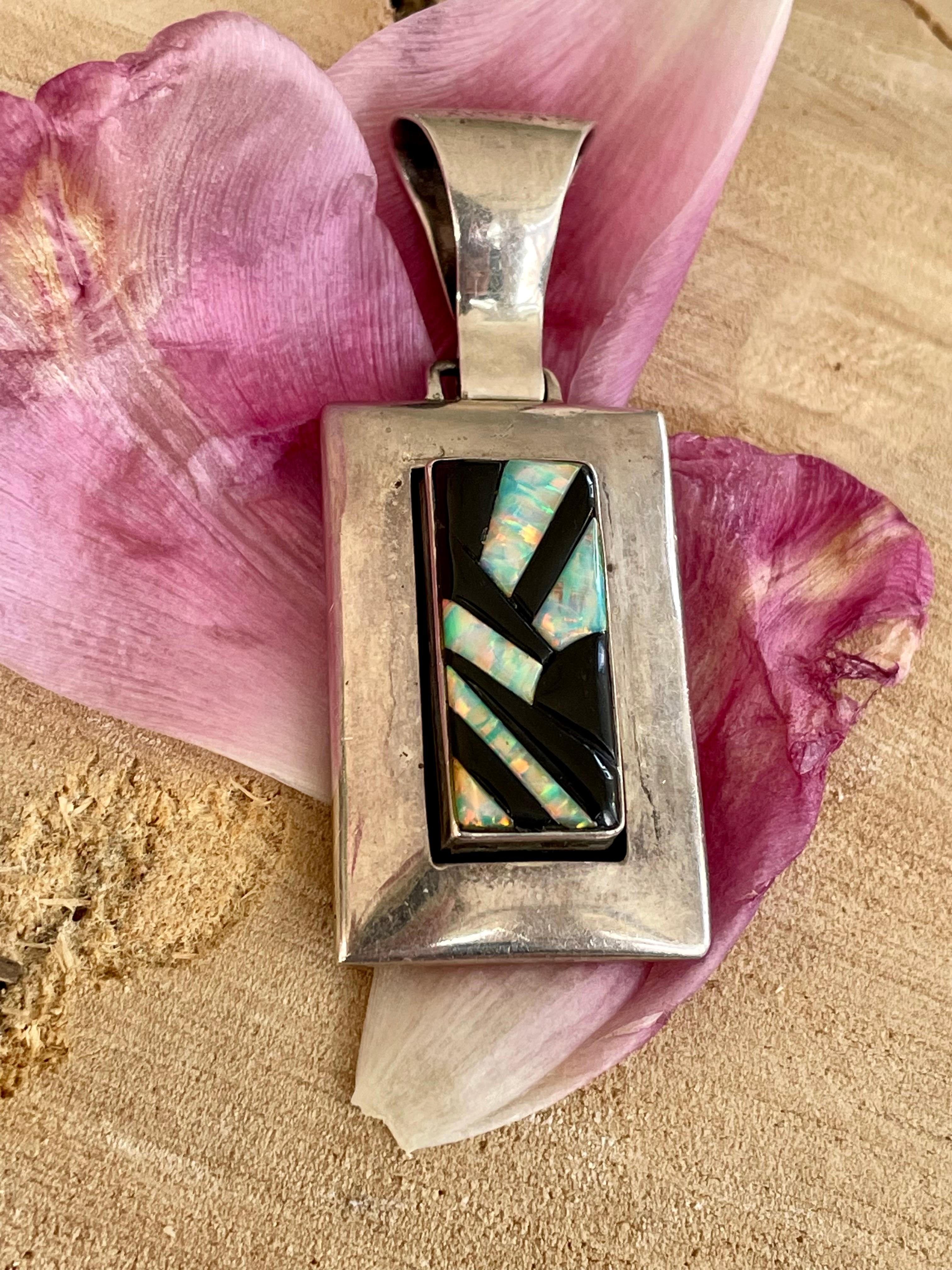 Modern Opal and Black Onyx Inlay Sterling Silver Pendant In Good Condition For Sale In St. Louis Park, MN