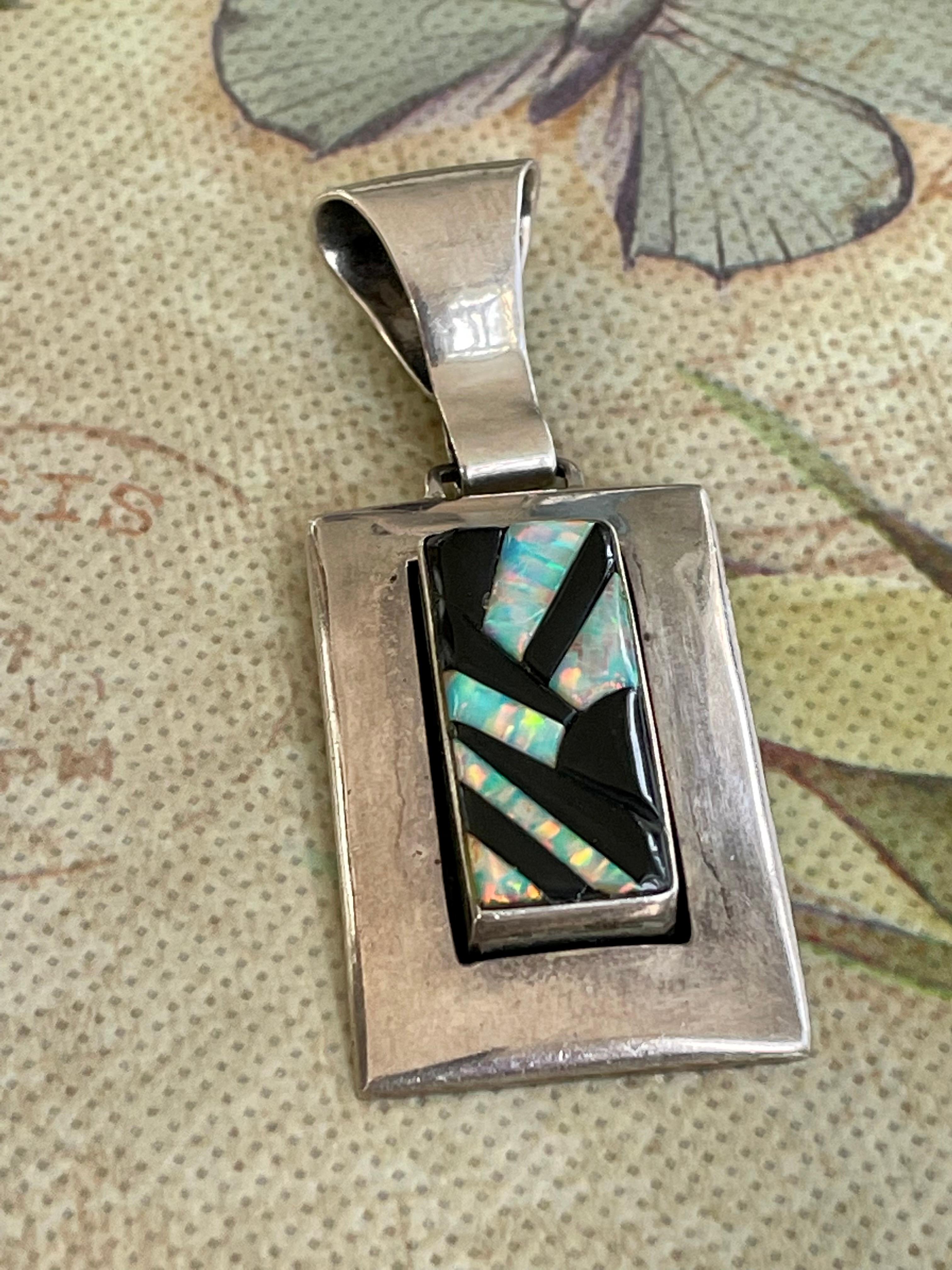 Modern Opal and Black Onyx Inlay Sterling Silver Pendant For Sale 1
