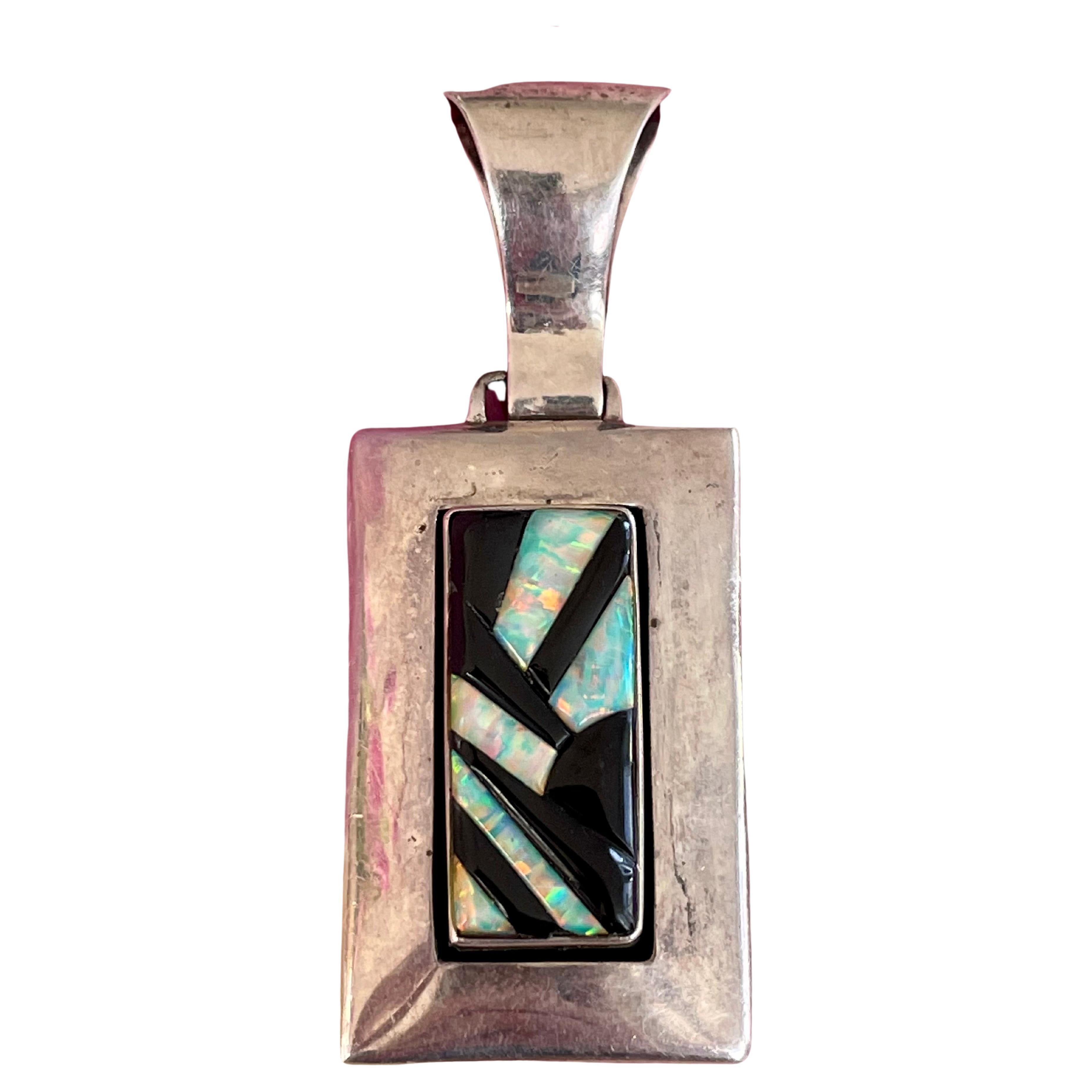 Modern Opal and Black Onyx Inlay Sterling Silver Pendant