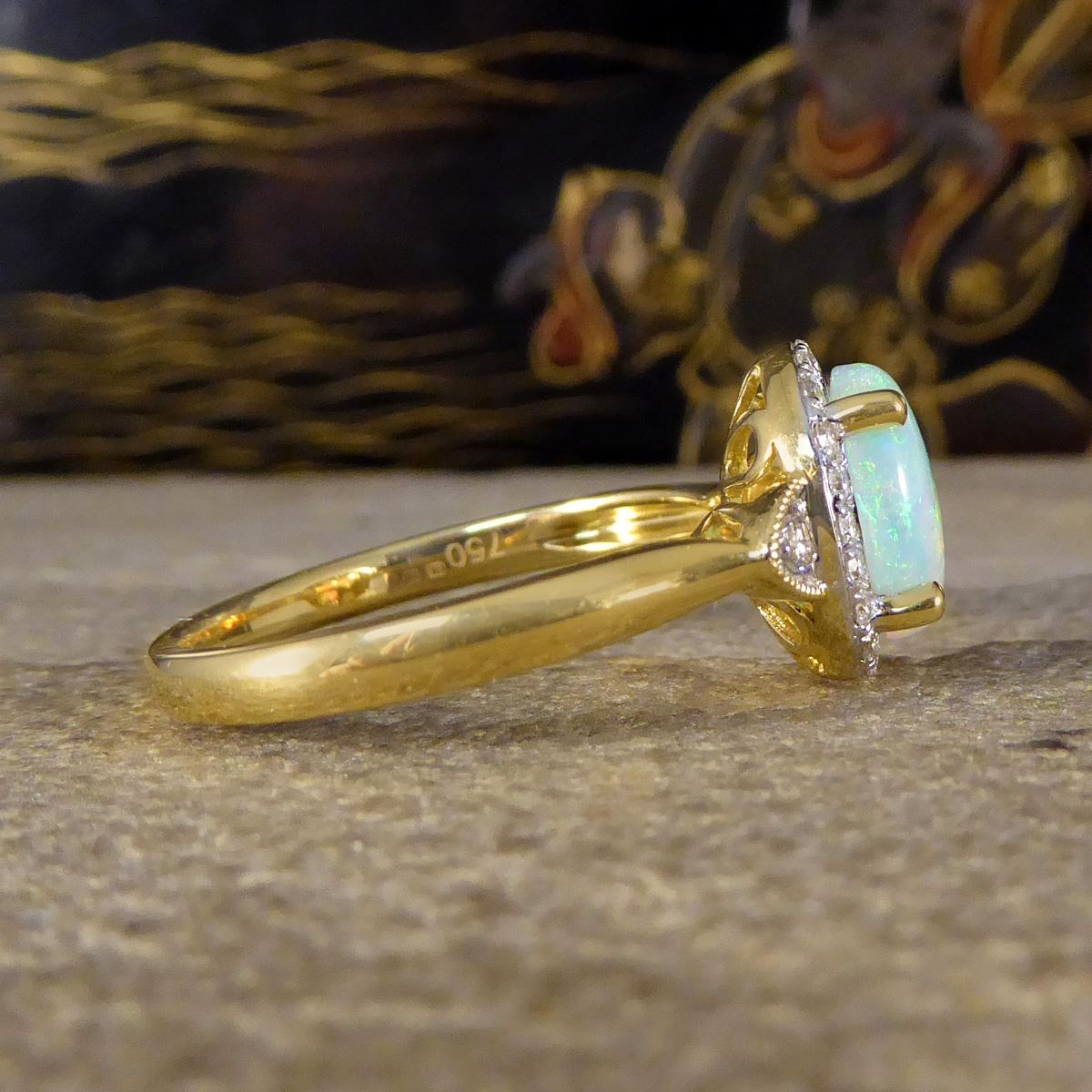 Edwardian Modern Opal and Diamond Cluster Ring in 18ct Yellow Gold
