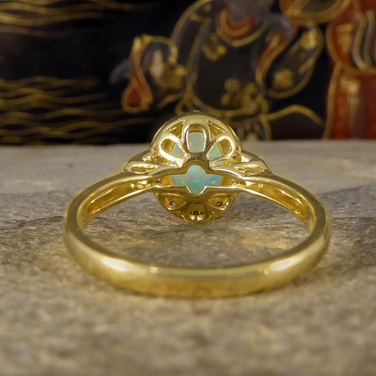Brilliant Cut Modern Opal and Diamond Cluster Ring in 18ct Yellow Gold