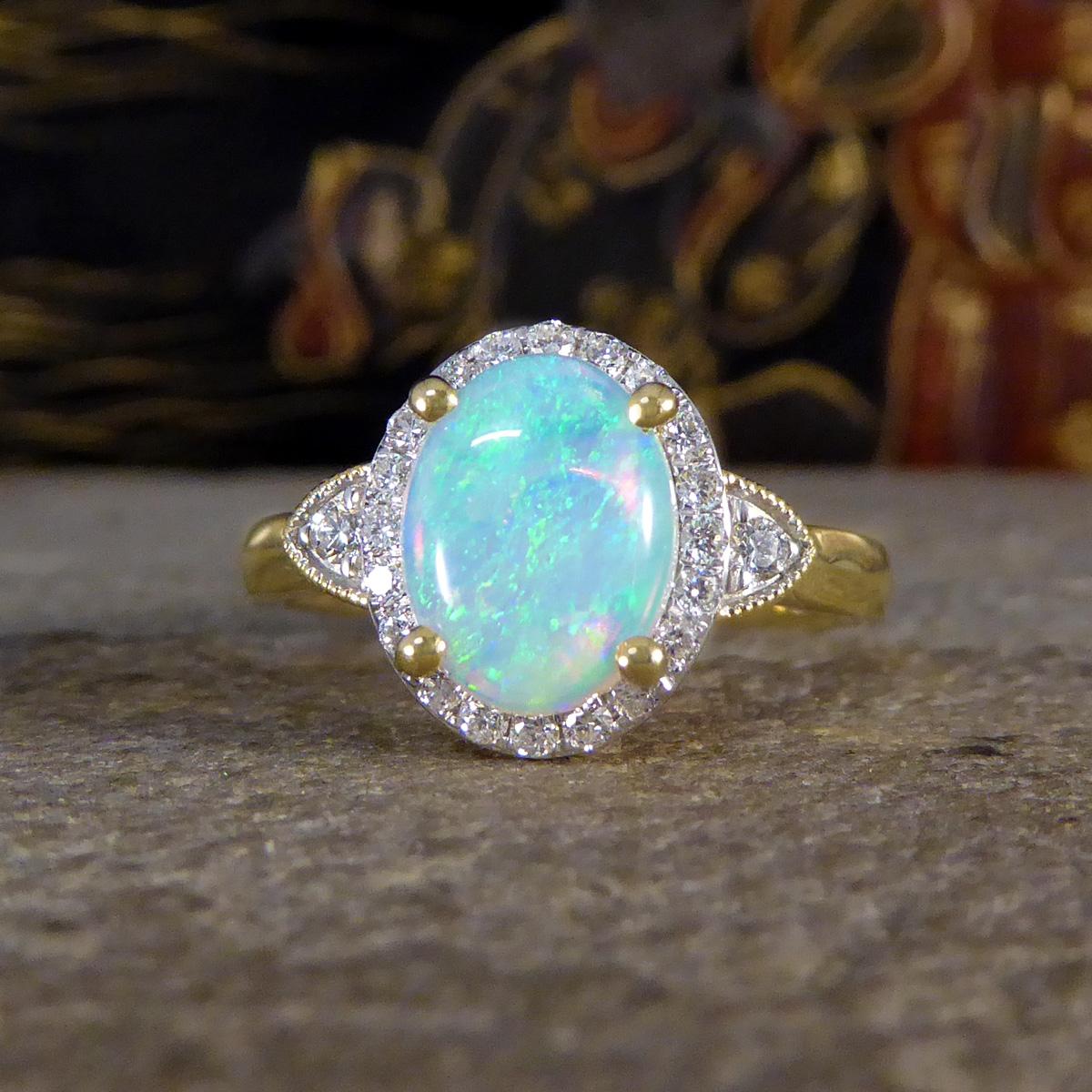 Modern Opal and Diamond Cluster Ring in 18ct Yellow Gold In New Condition In Yorkshire, West Yorkshire