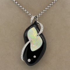 Modern Opal Black Onyx Diamond Platinum Pendant