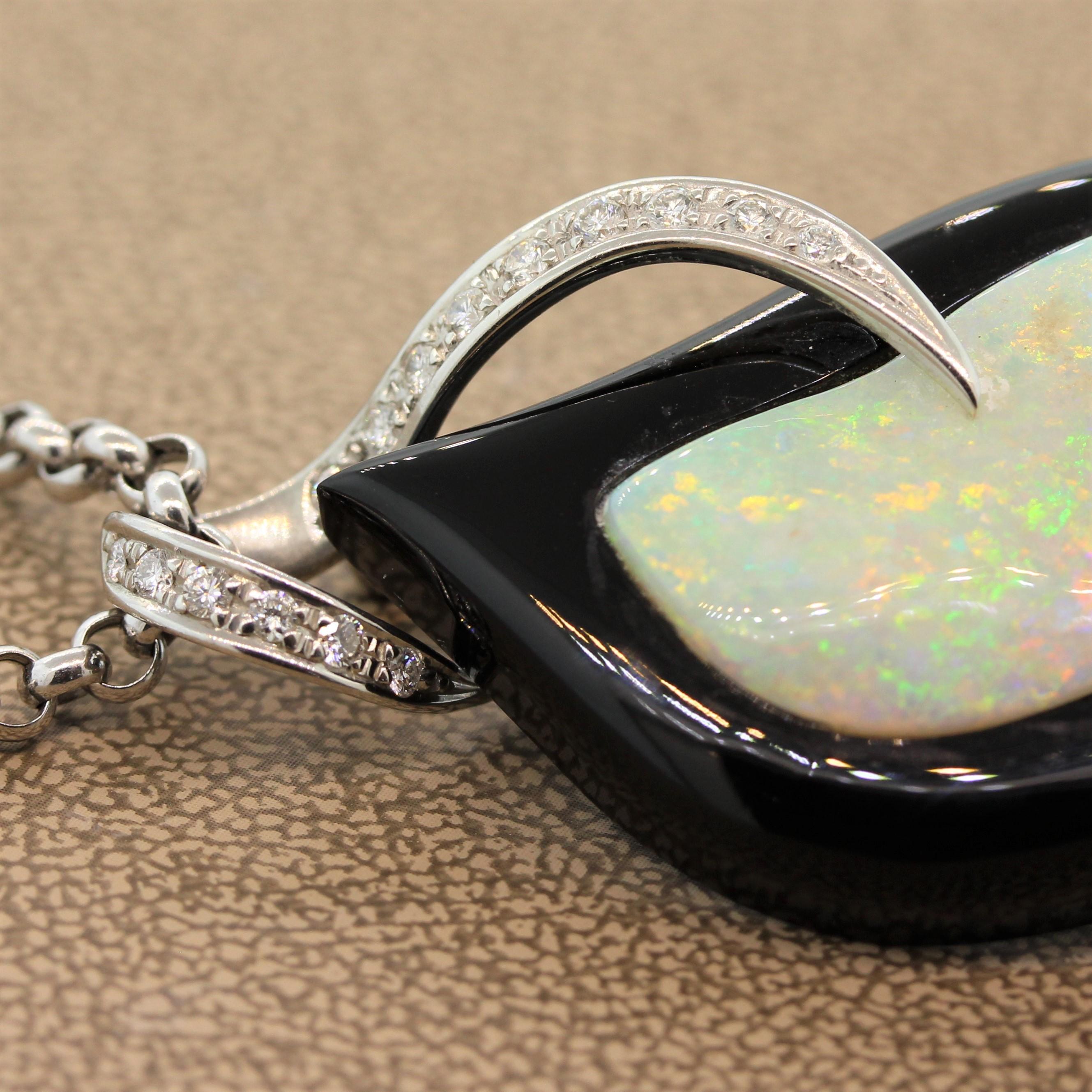 Modern Opal Black Onyx Diamond Platinum Pendant In New Condition For Sale In Beverly Hills, CA