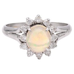 Modern Opal Diamond Platinum Cluster Ring