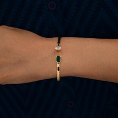 Zambian Emerald SI/H Diamond Modern Open Cuff Bracelet 14 Karat Yellow Gold