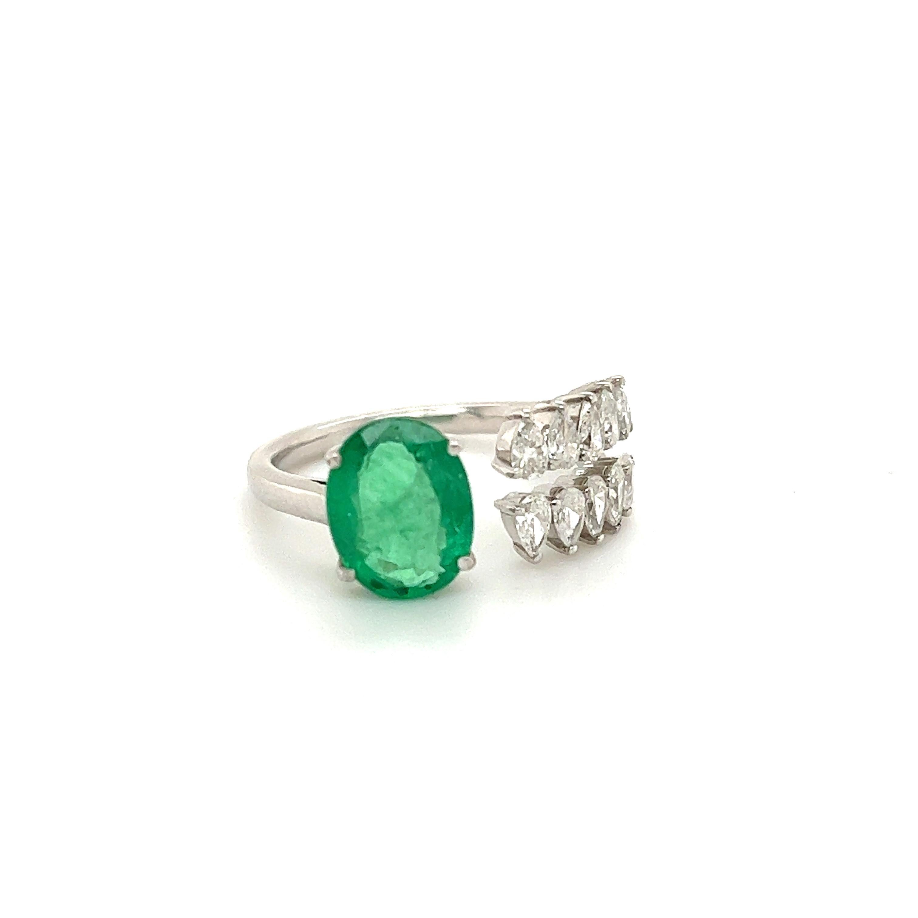 Oval Cut Modern Open Design Diamond & Emerald By-Pass Ring For Sale