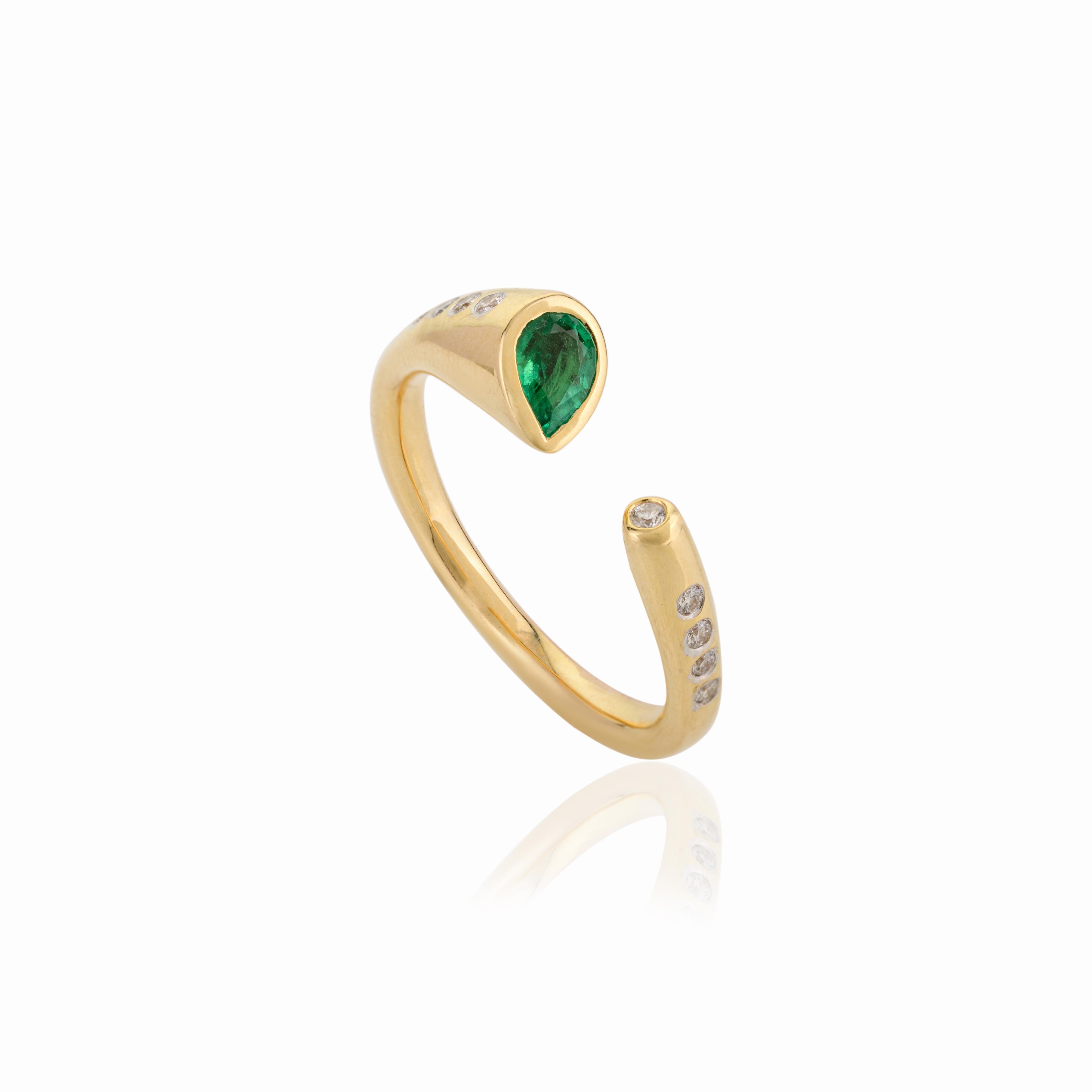 For Sale:  Modern Open Design Pear Emerald and Diamond Ring in 14k Solid Yellow Gold 7
