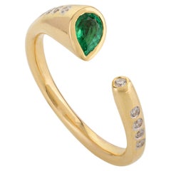 Modern Open Design Pear Emerald and Diamond Ring in 14k Solid Yellow Gold