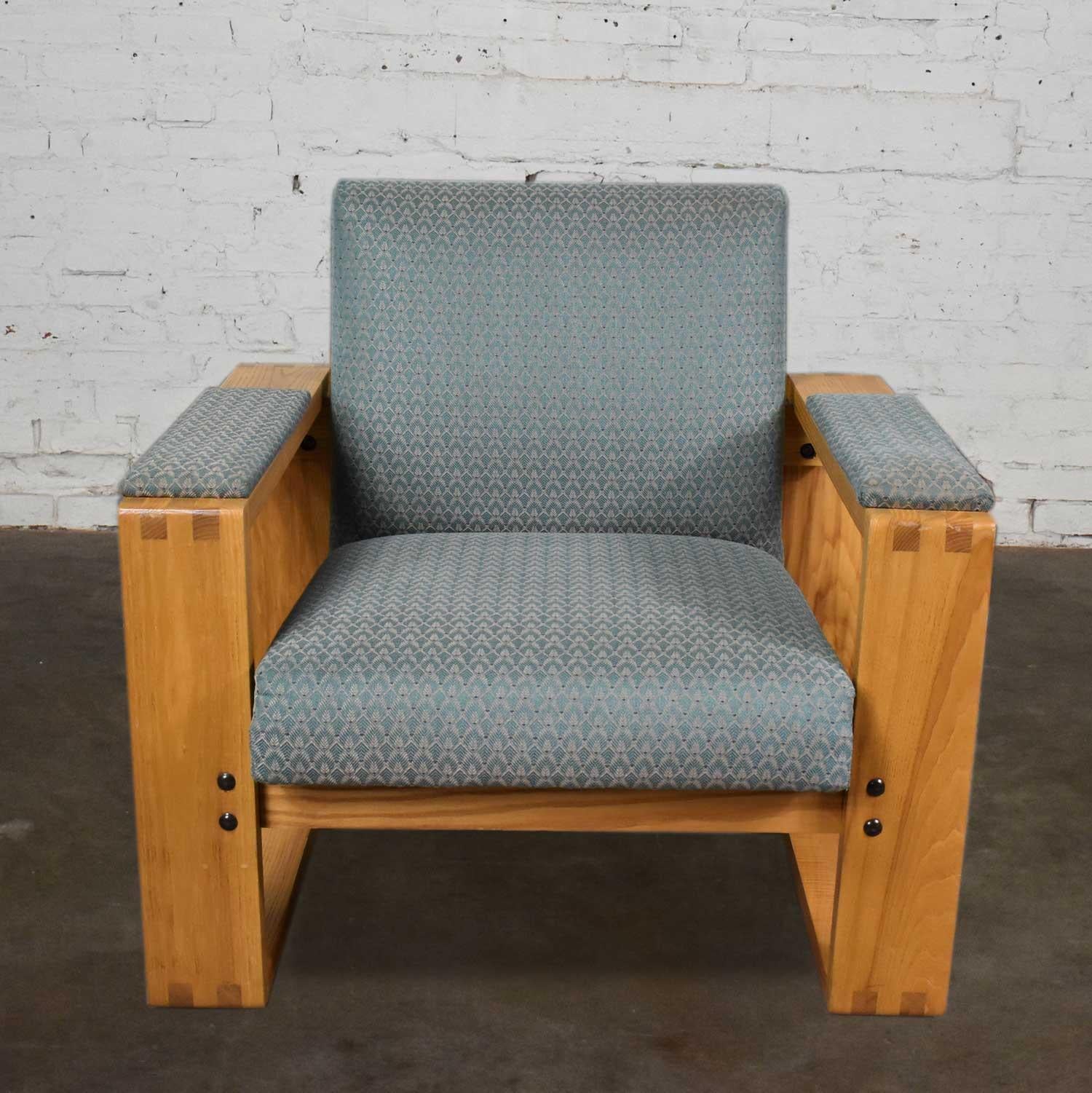 Modern Open Frame Club Chair with Floating Seat and Back in Oak and Teal Fabric For Sale 8