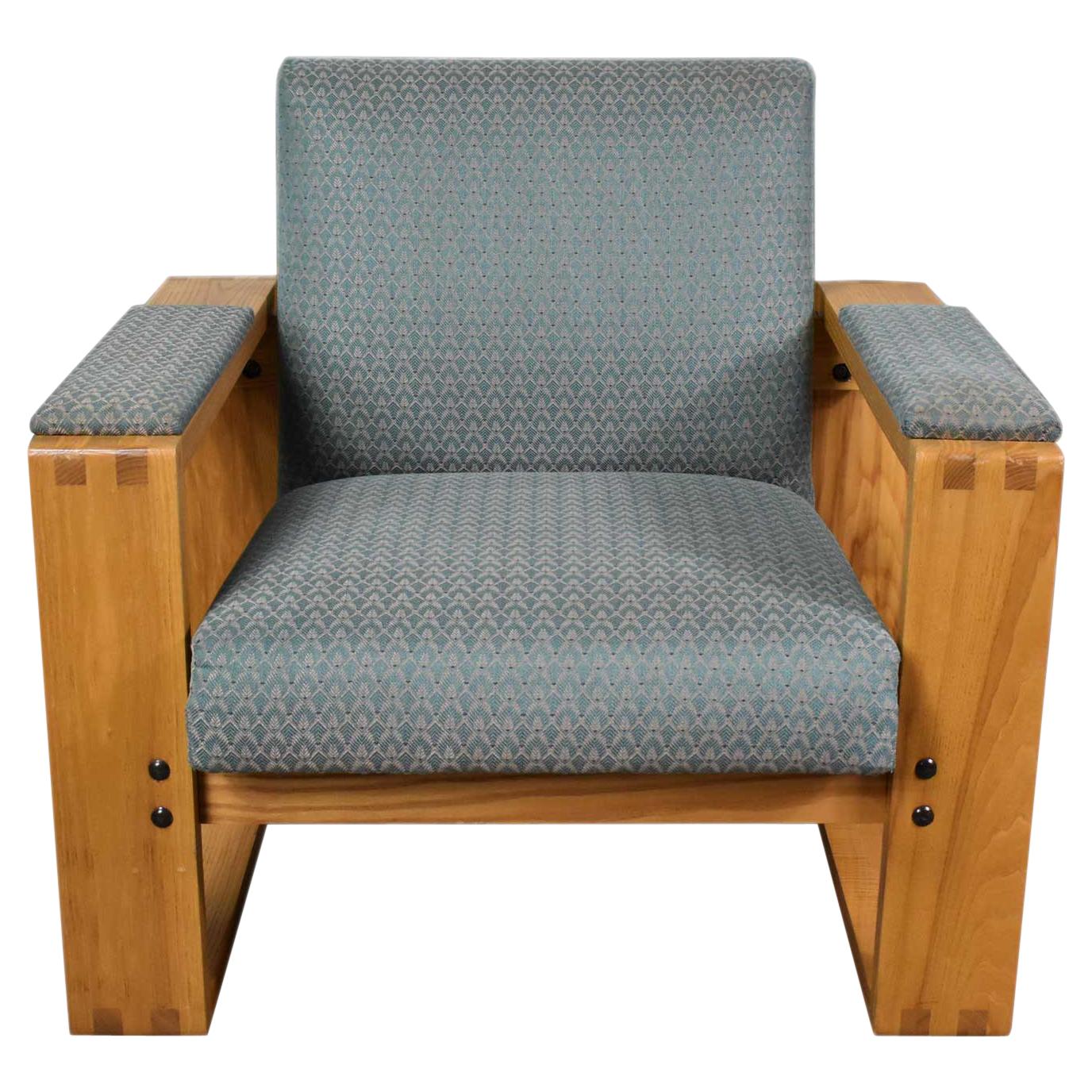 Modern Open Frame Club Chair with Floating Seat and Back in Oak and Teal Fabric For Sale