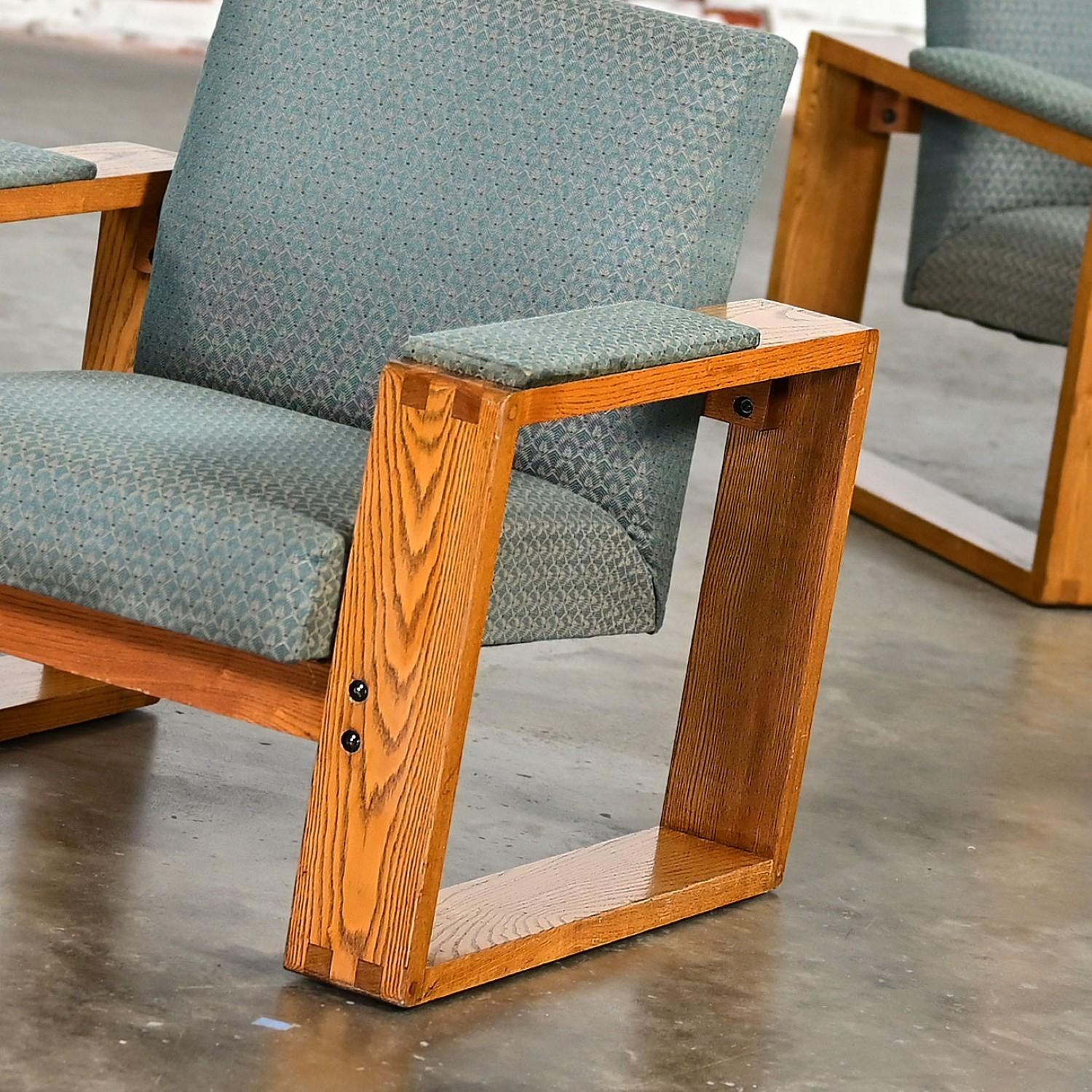 Modern Open Frame Club Chairs w/Floating Seat & Back in Oak & Teal Fabric a Pair 5