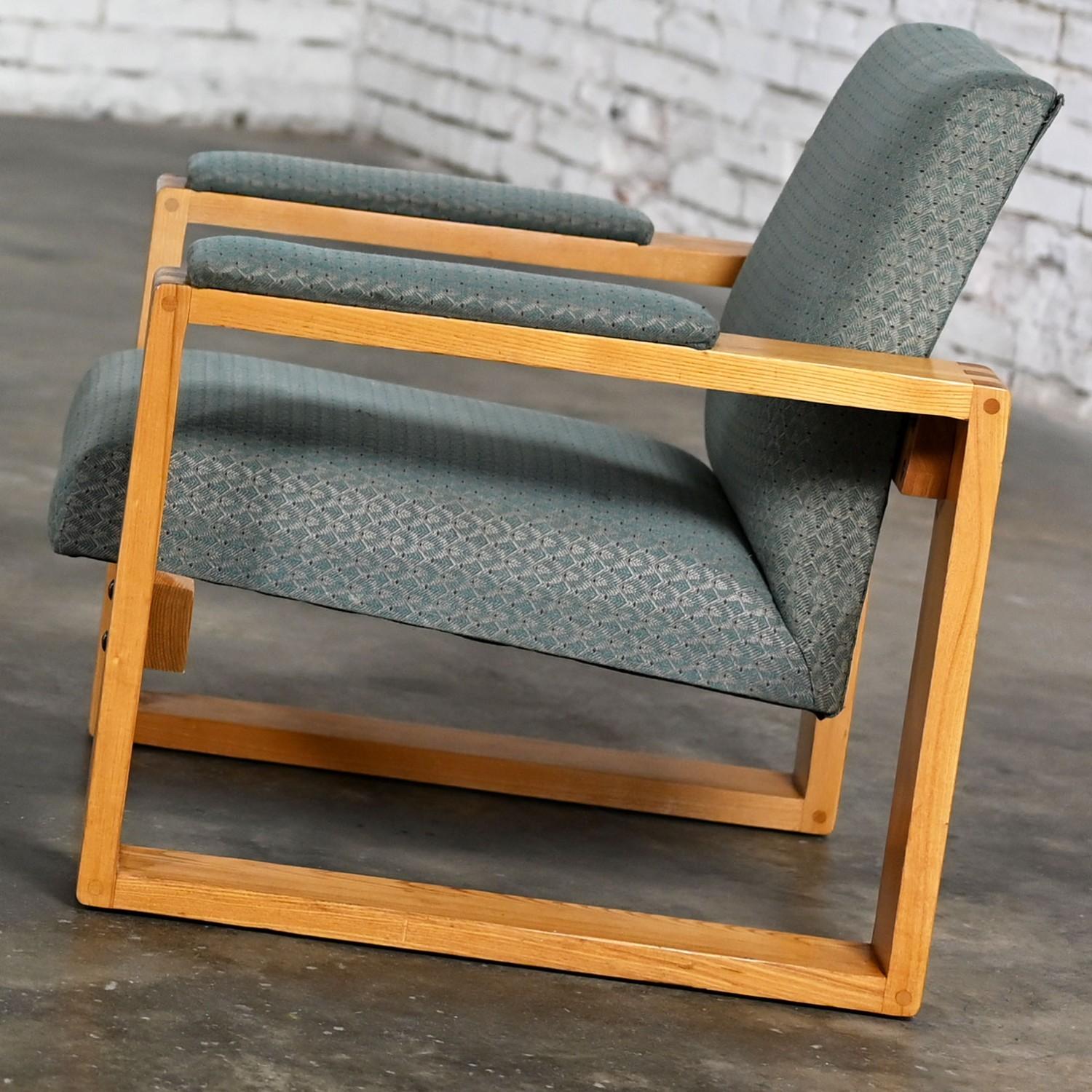 Modern Open Frame Club Chairs w/Floating Seat & Back in Oak & Teal Fabric a Pair 6