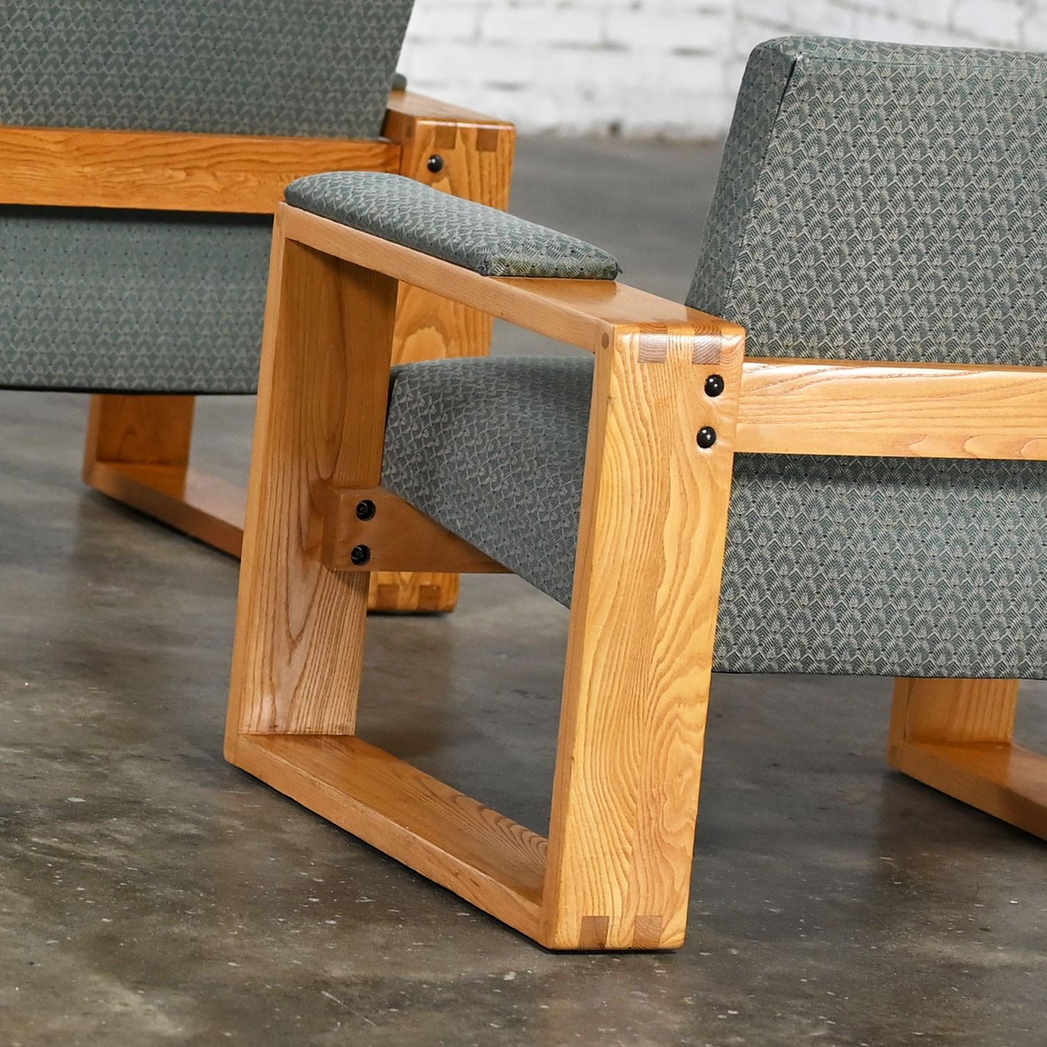 Modern Open Frame Club Chairs w/Floating Seat & Back in Oak & Teal Fabric a Pair 7