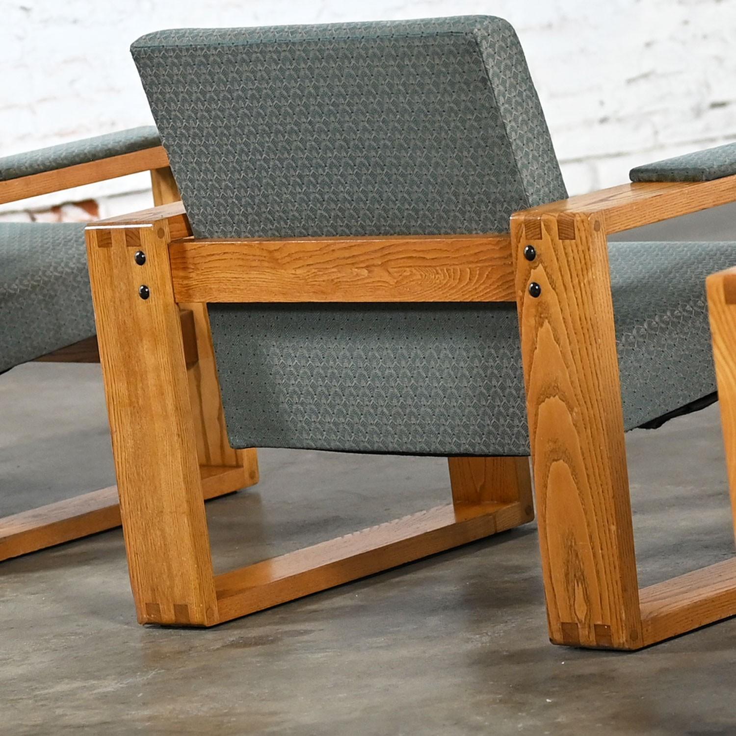 Modern Open Frame Club Chairs w/Floating Seat & Back in Oak & Teal Fabric a Pair 8