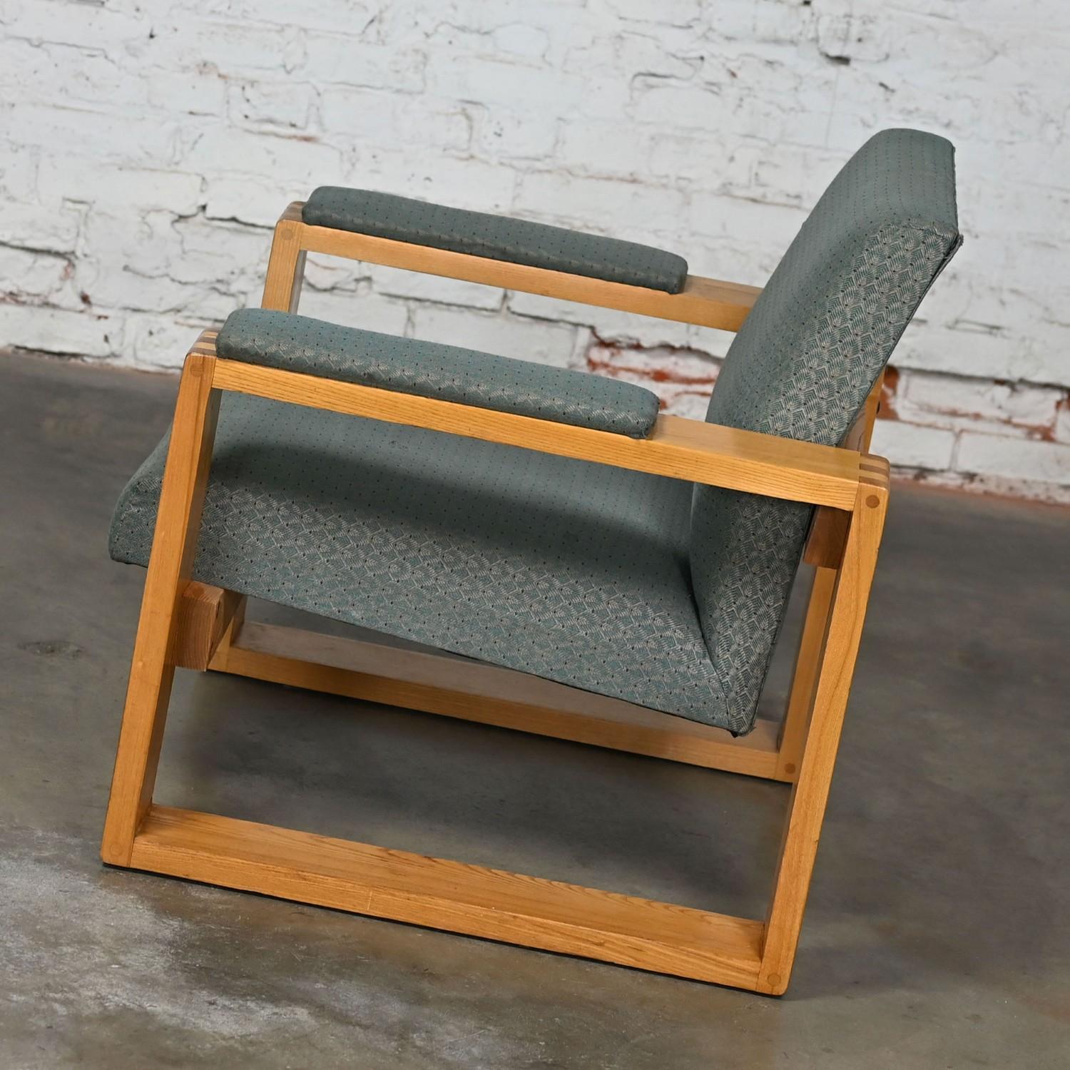 Modern Open Frame Club Chairs w/Floating Seat & Back in Oak & Teal Fabric a Pair 9