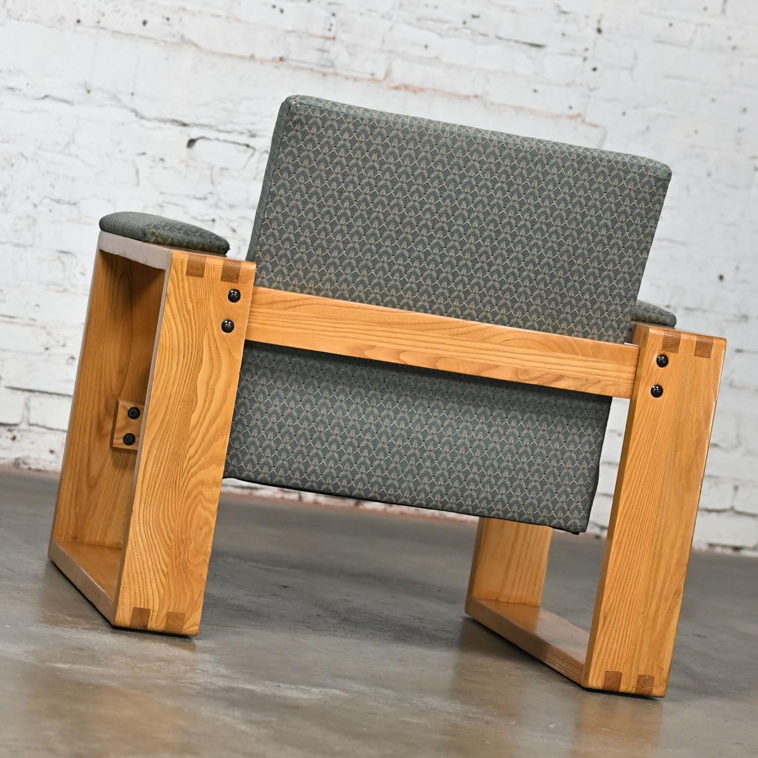 Modern Open Frame Club Chairs w/Floating Seat & Back in Oak & Teal Fabric a Pair 10