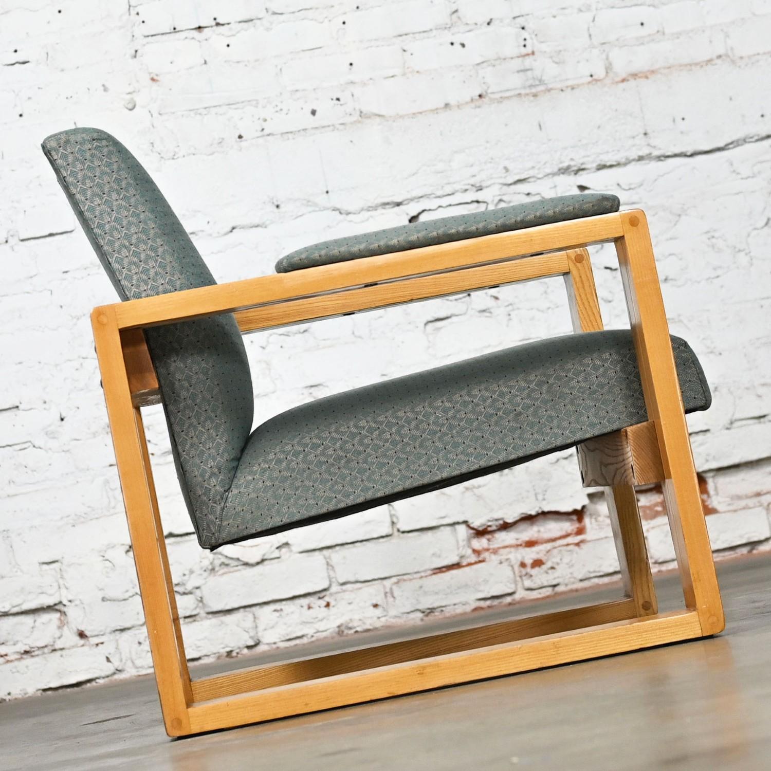 Modern Open Frame Club Chairs w/Floating Seat & Back in Oak & Teal Fabric a Pair 11