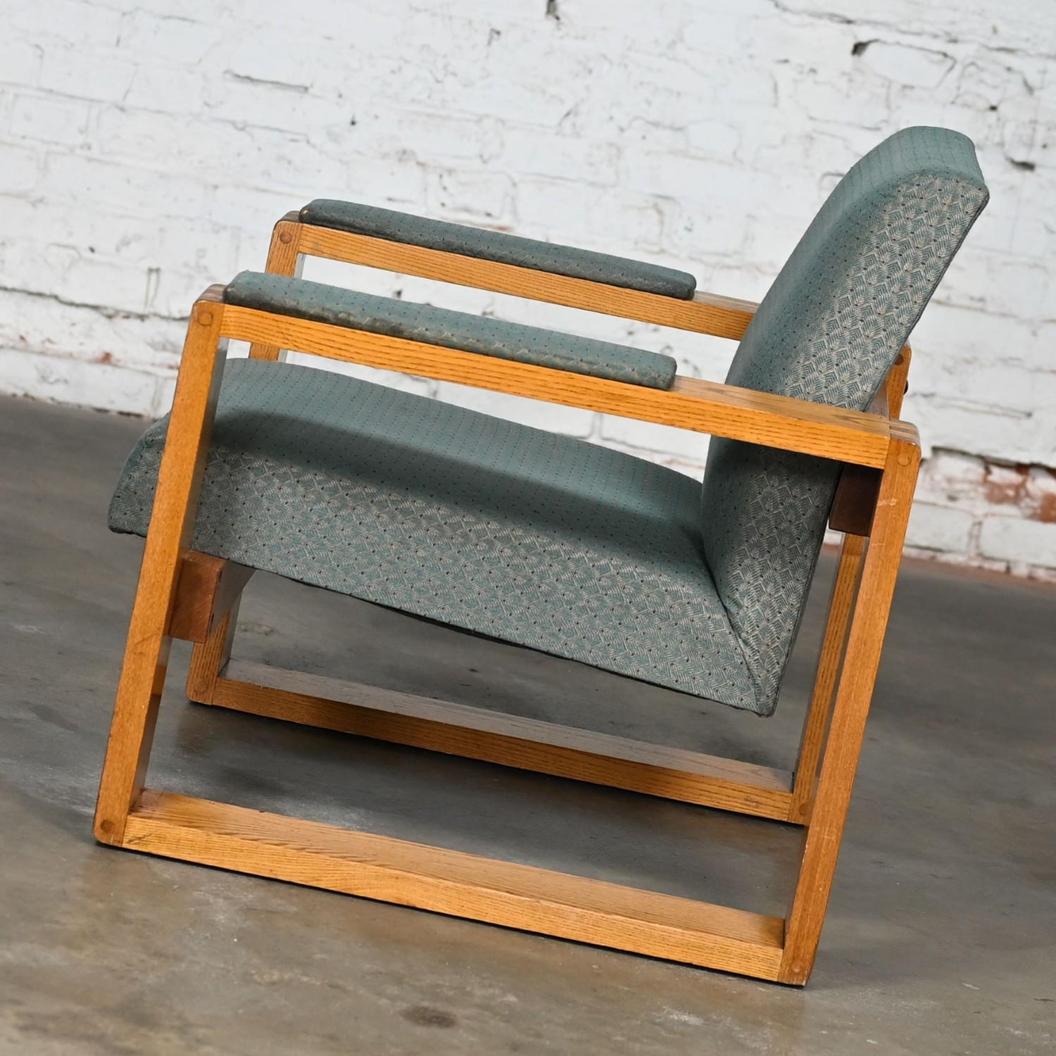 Modern Open Frame Club Chairs w/Floating Seat & Back in Oak & Teal Fabric a Pair 12