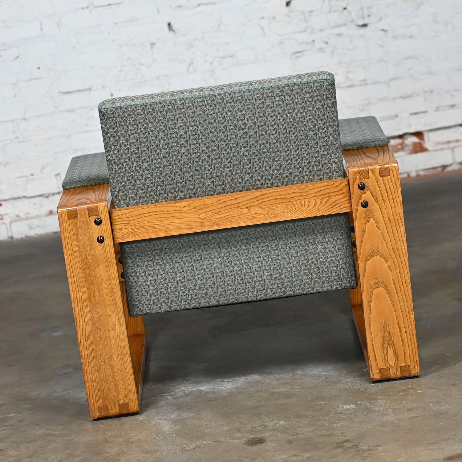 Modern Open Frame Club Chairs w/Floating Seat & Back in Oak & Teal Fabric a Pair 13