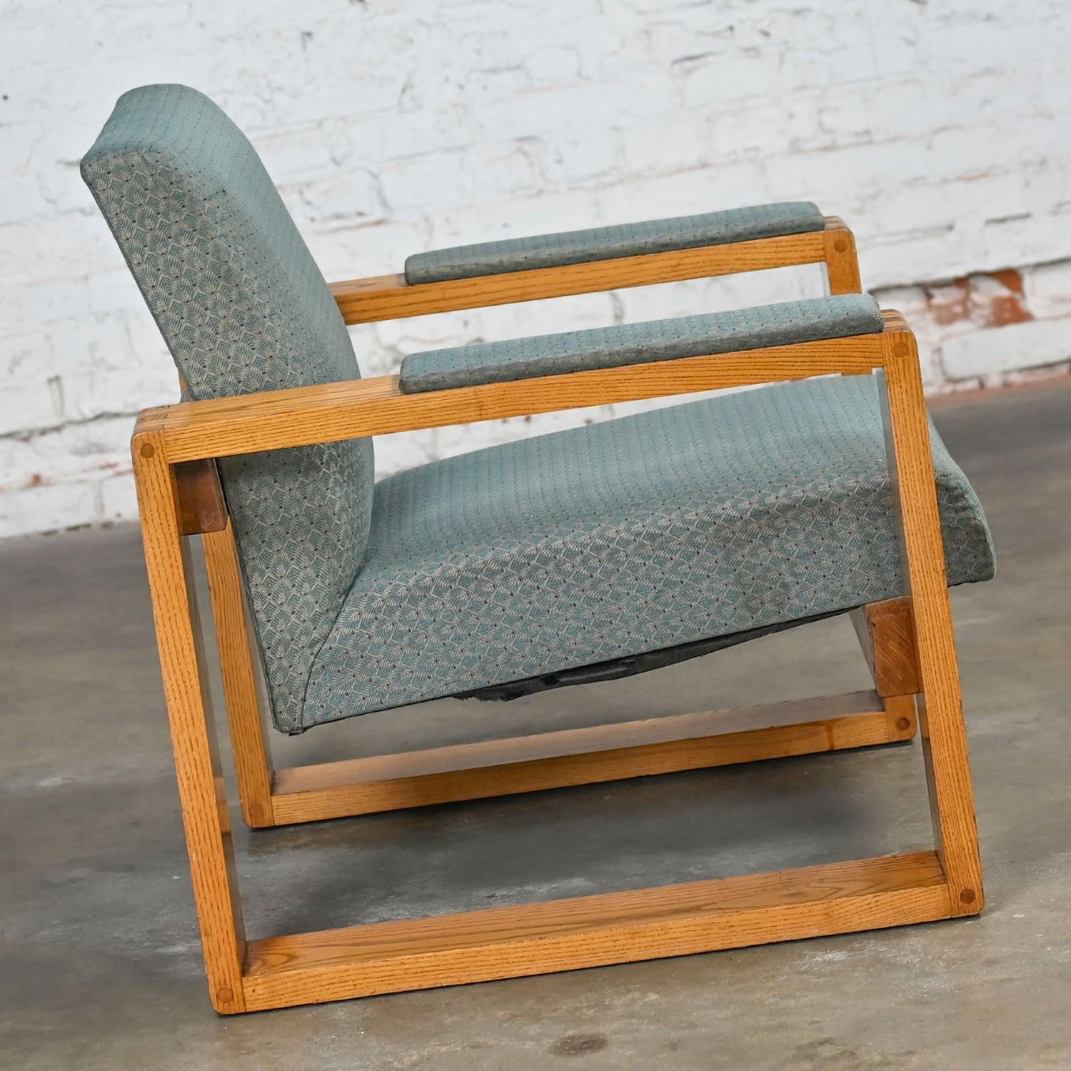 Modern Open Frame Club Chairs w/Floating Seat & Back in Oak & Teal Fabric a Pair 14