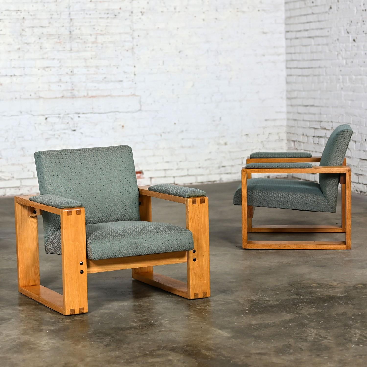 Modern Open Frame Club Chairs w/Floating Seat & Back in Oak & Teal Fabric a Pair 15