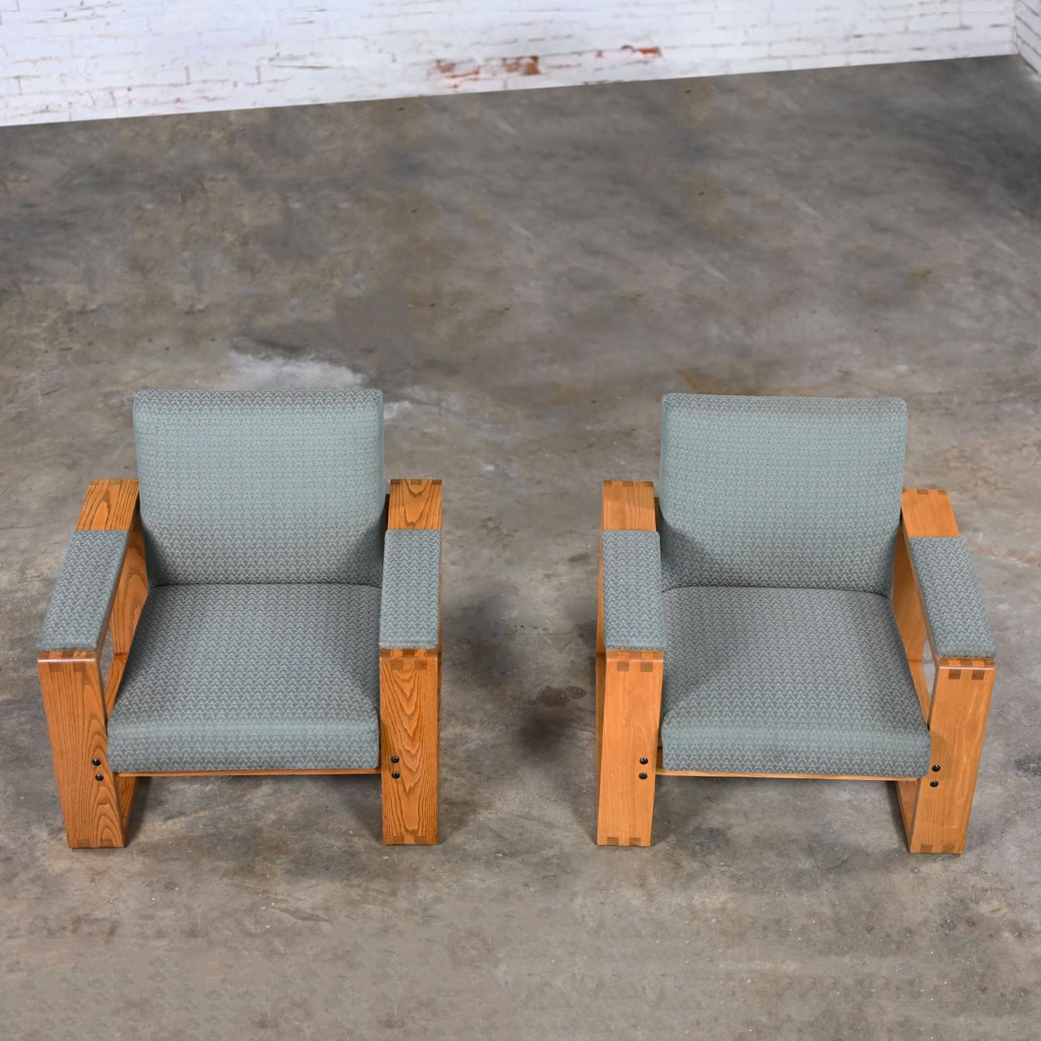 Modern Open Frame Club Chairs w/Floating Seat & Back in Oak & Teal Fabric a Pair In Good Condition In Topeka, KS