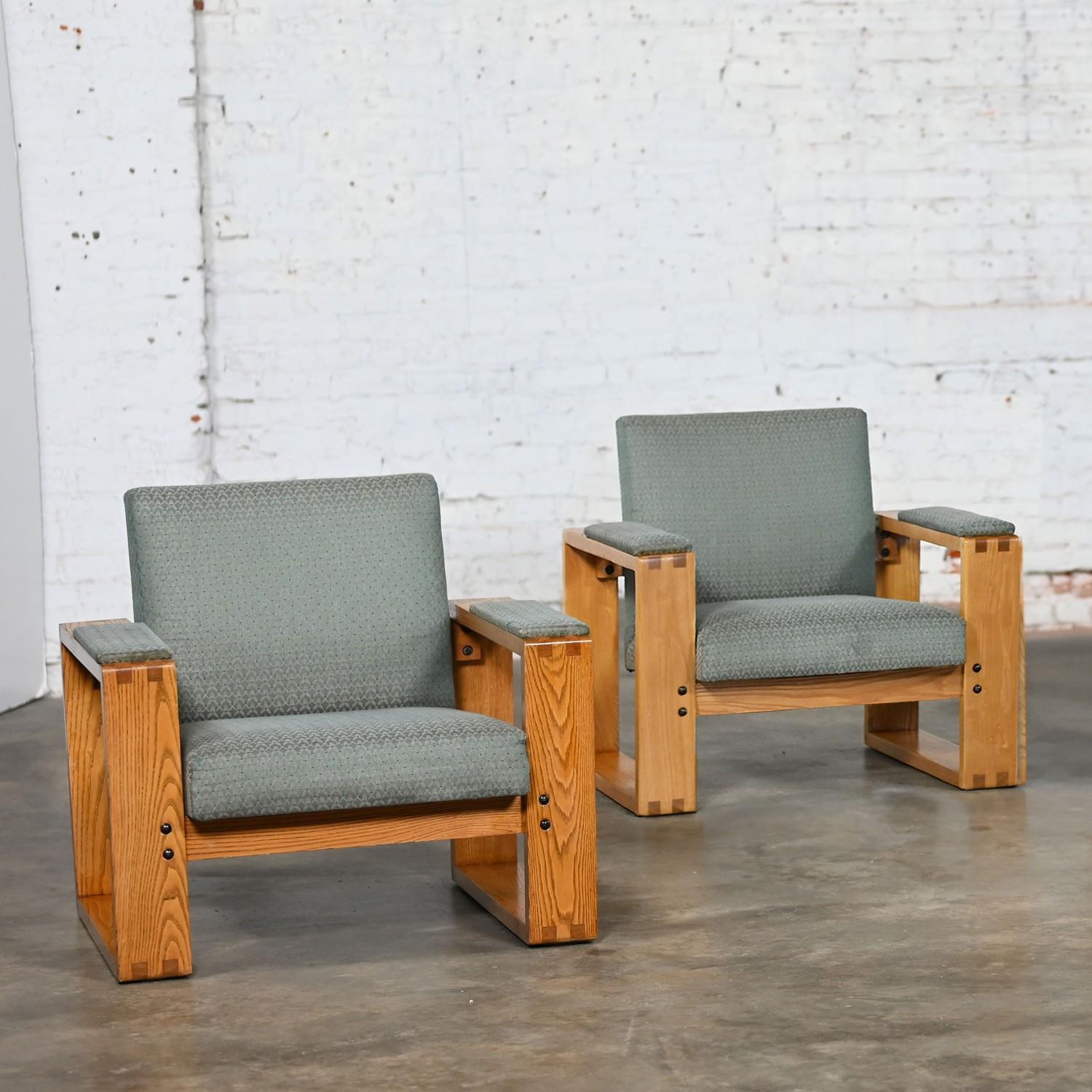 20th Century Modern Open Frame Club Chairs w/Floating Seat & Back in Oak & Teal Fabric a Pair