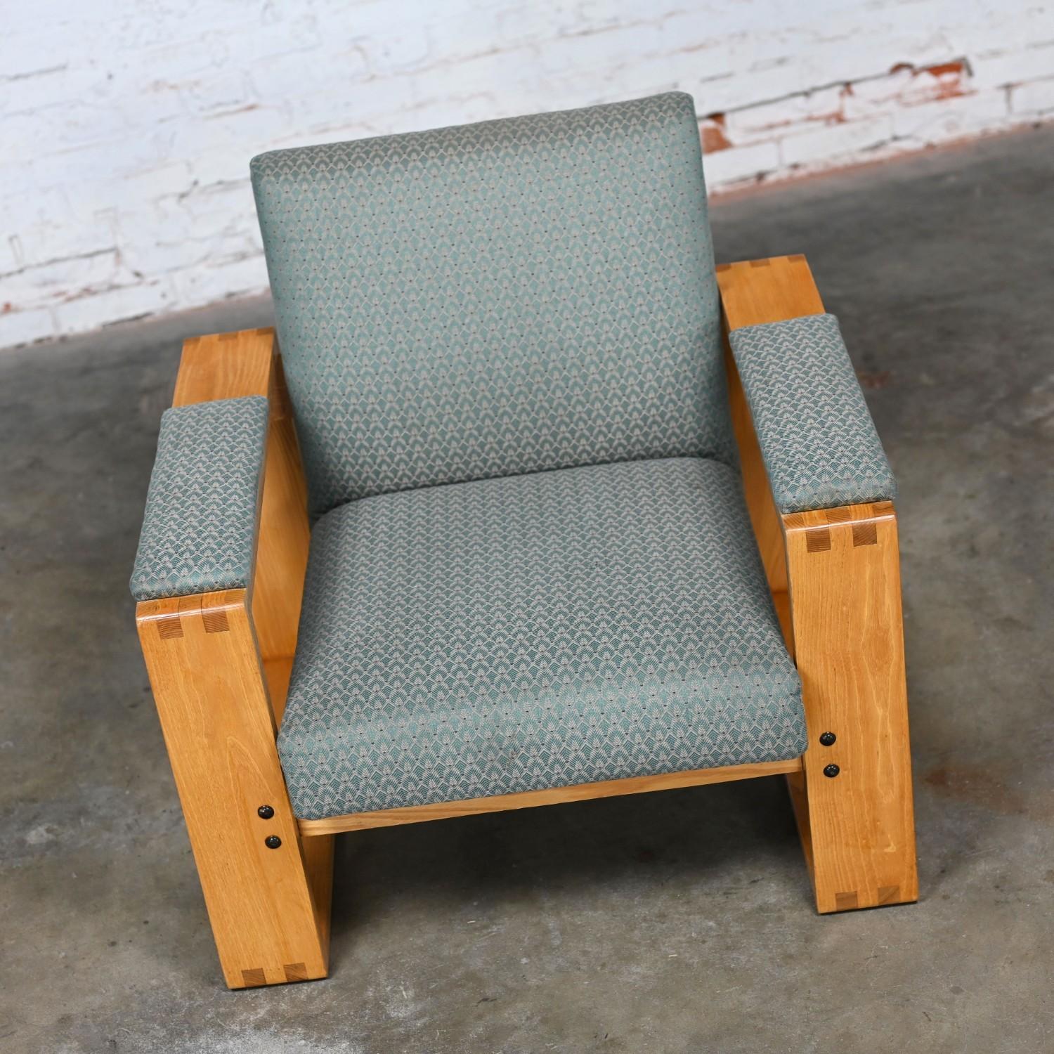 Modern Open Frame Club Chairs w/Floating Seat & Back in Oak & Teal Fabric a Pair 1
