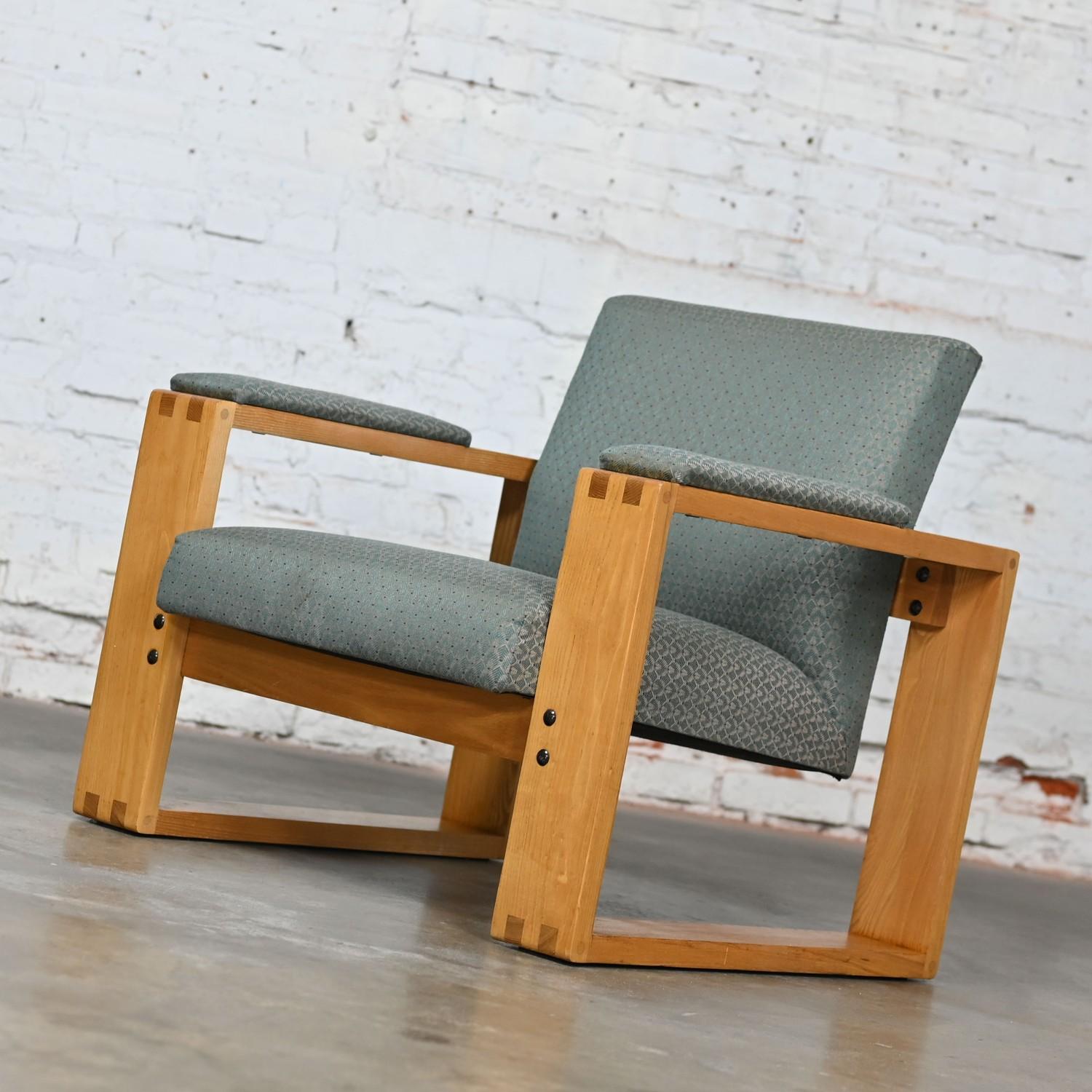 Modern Open Frame Club Chairs w/Floating Seat & Back in Oak & Teal Fabric a Pair 2