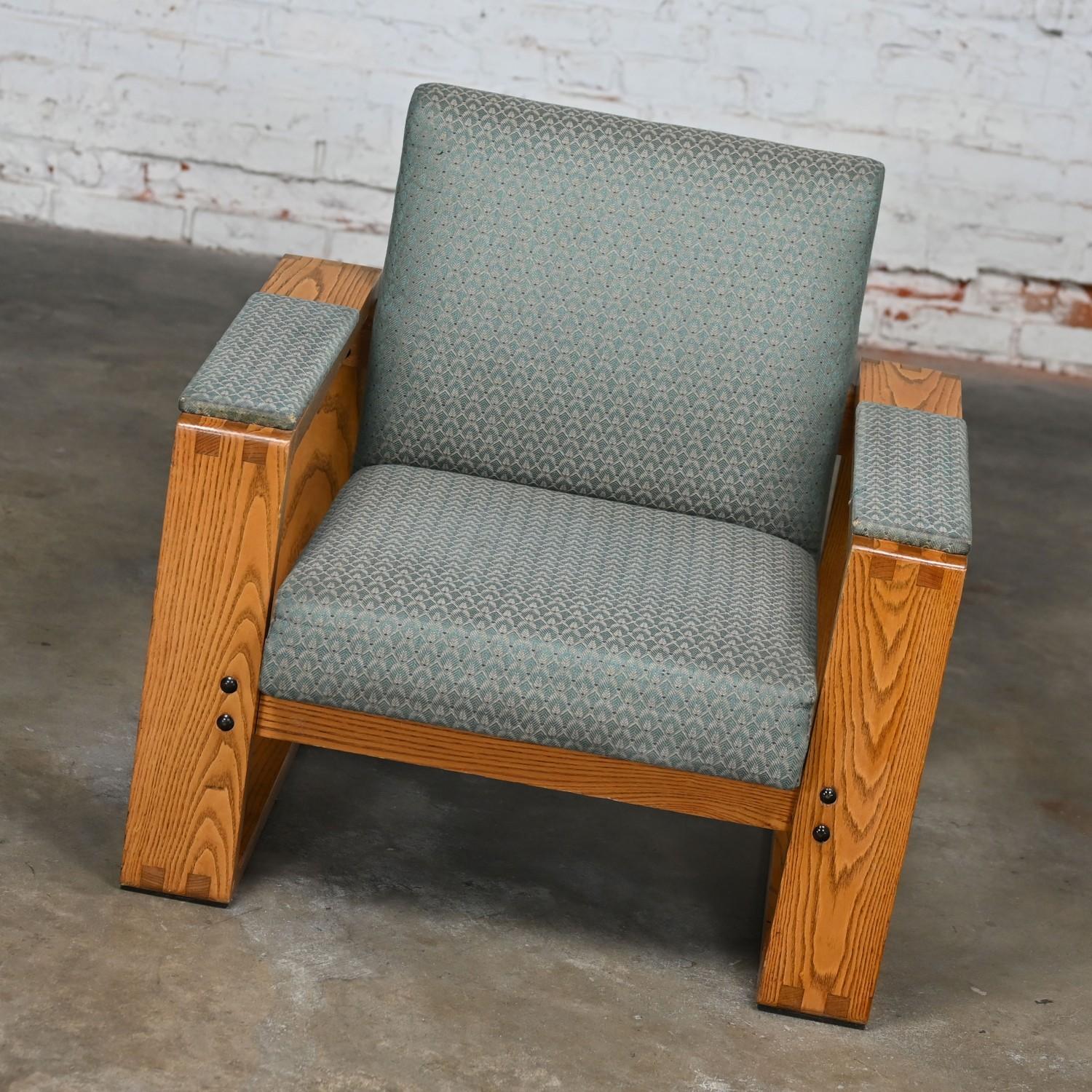 Modern Open Frame Club Chairs w/Floating Seat & Back in Oak & Teal Fabric a Pair 3