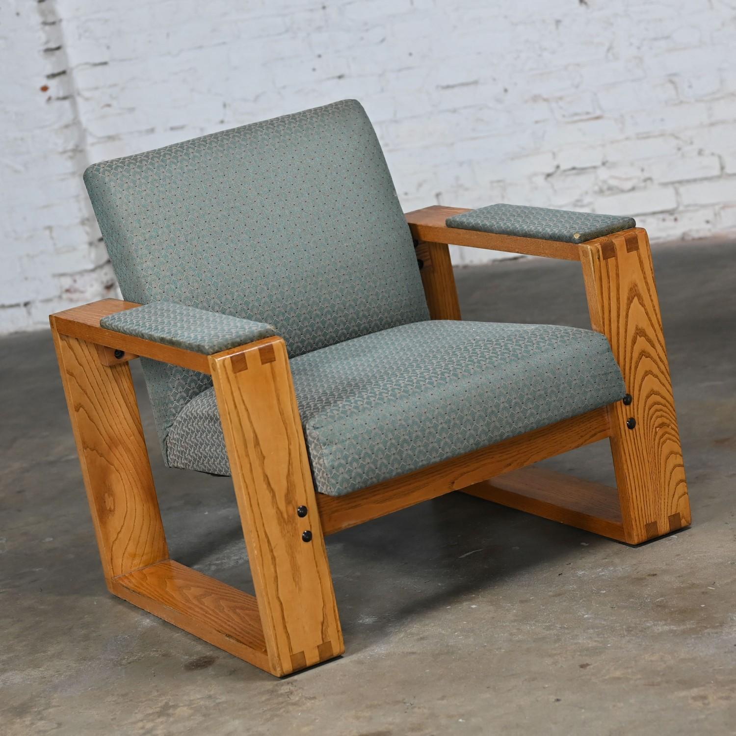 Modern Open Frame Club Chairs w/Floating Seat & Back in Oak & Teal Fabric a Pair 4