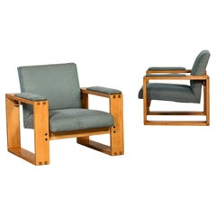 Modern Open Frame Club Chairs w/Floating Seat & Back in Oak & Teal Fabric a Pair